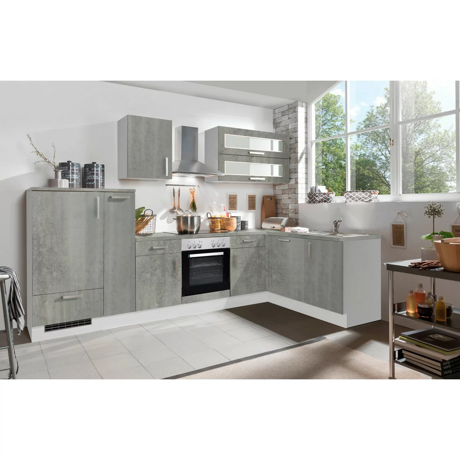 Menke White Premium Winkelküche/L-Küche 310 x 170 cm Betonoptik-Weiß günstig online kaufen