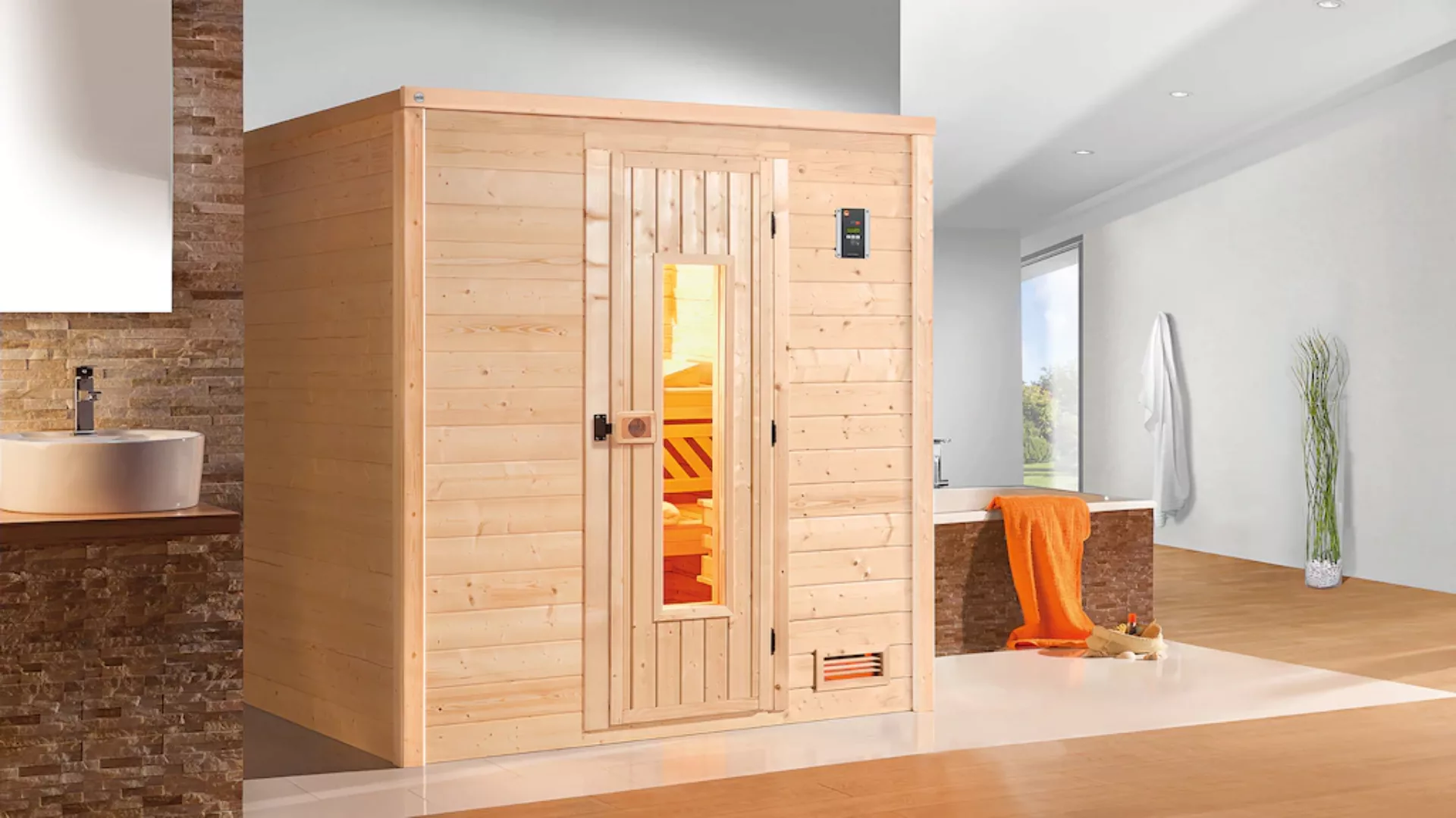 Weka Massivholzsauna Bergen 1 Sparset 5,4 kW Kompakt Holztür günstig online kaufen