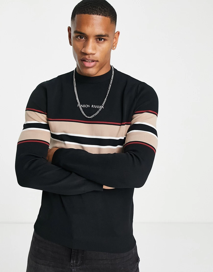 River Island – Strickpullover in Schwarz mit Farbblockbahnen günstig online kaufen