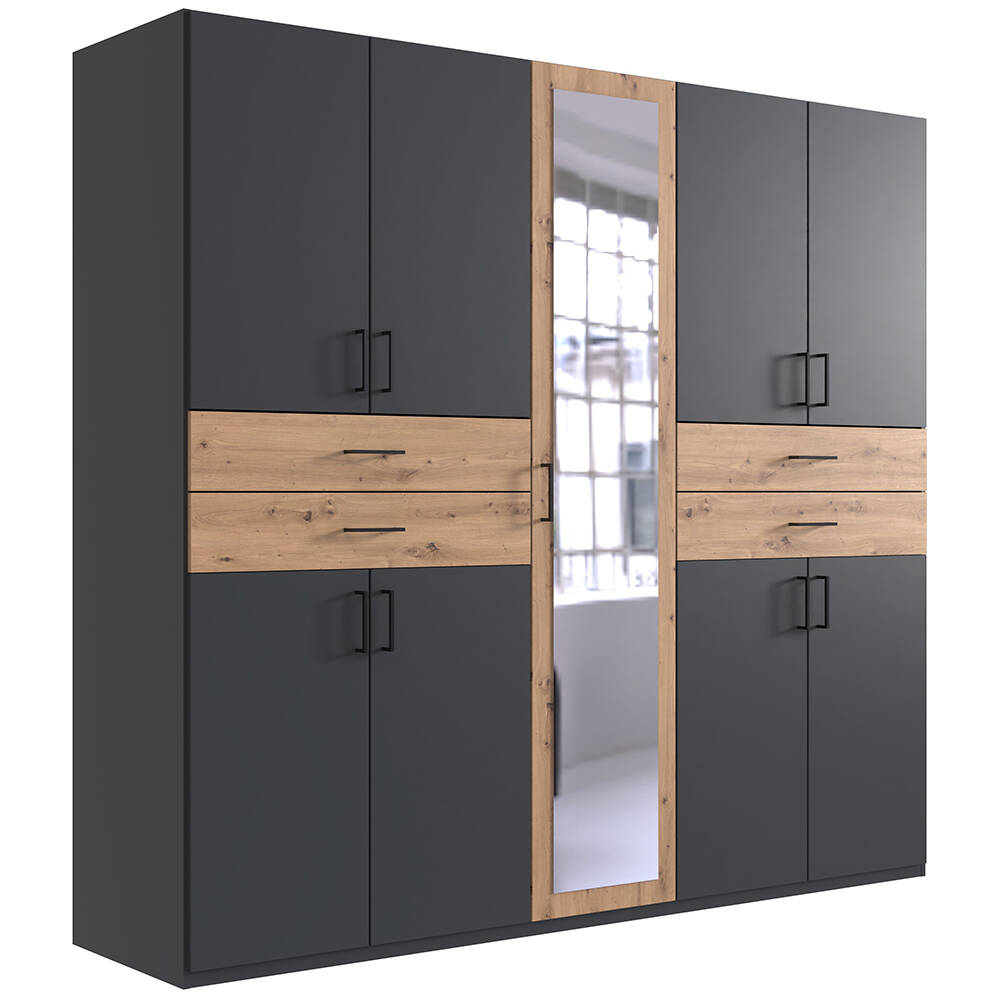 Kleiderschrank mit Spiegel, 225 cm breit modern in graphit mit Eiche TREVIS günstig online kaufen