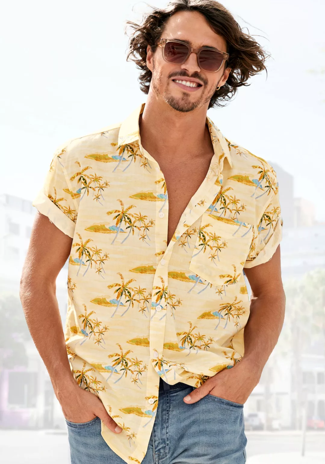 Beachtime Hawaiihemd Regular Fit, Kurzarm, Freizeithemd mit Palmenprint, re günstig online kaufen