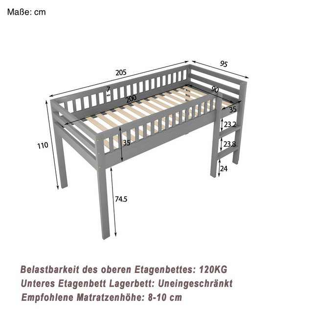 SOFTWEARY Hochbett mit Lattenrost, Leiter und Rausfallschutz (90x200cm) Kin günstig online kaufen