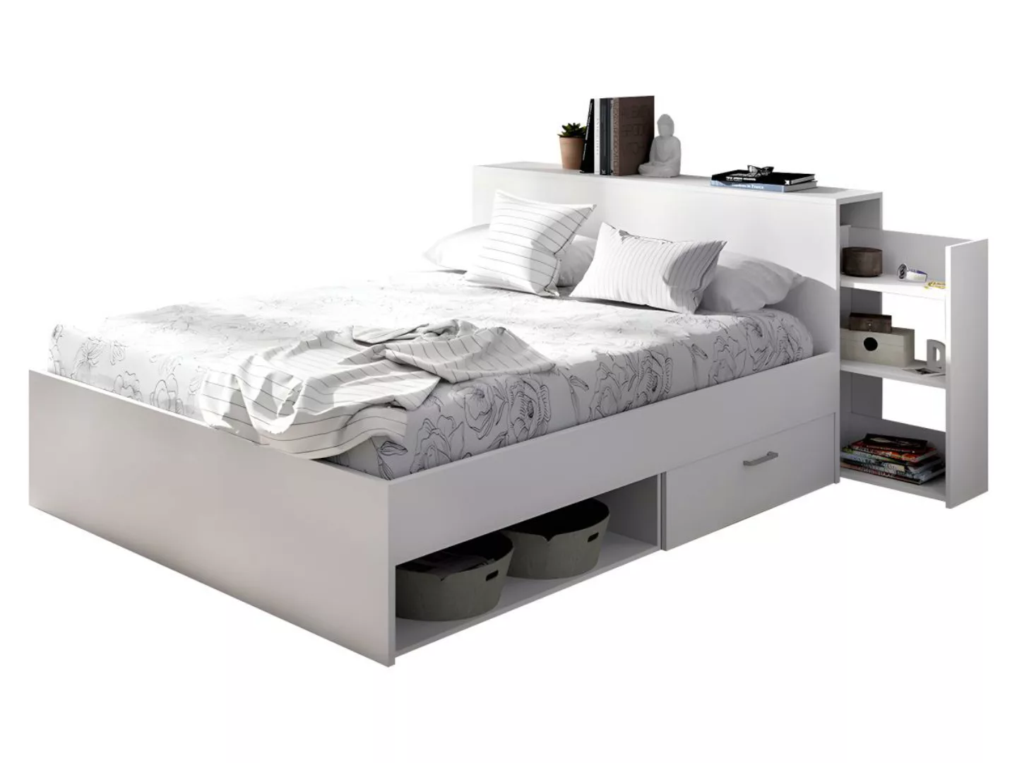 Bett mit Kopfteil & Stauraum & Schubladen - 140 x 190 cm - Weiß - FLORIAN günstig online kaufen