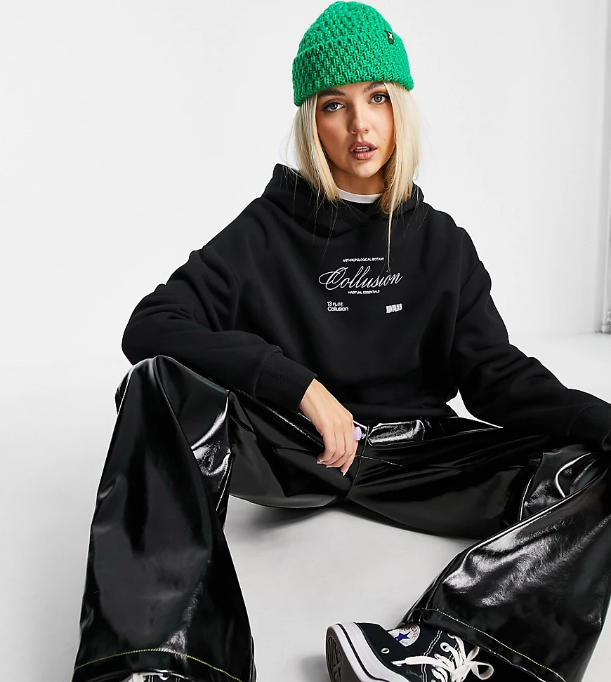 COLLUSION – Oversize-Kapuzenpullover in Schwarz mit Logo günstig online kaufen