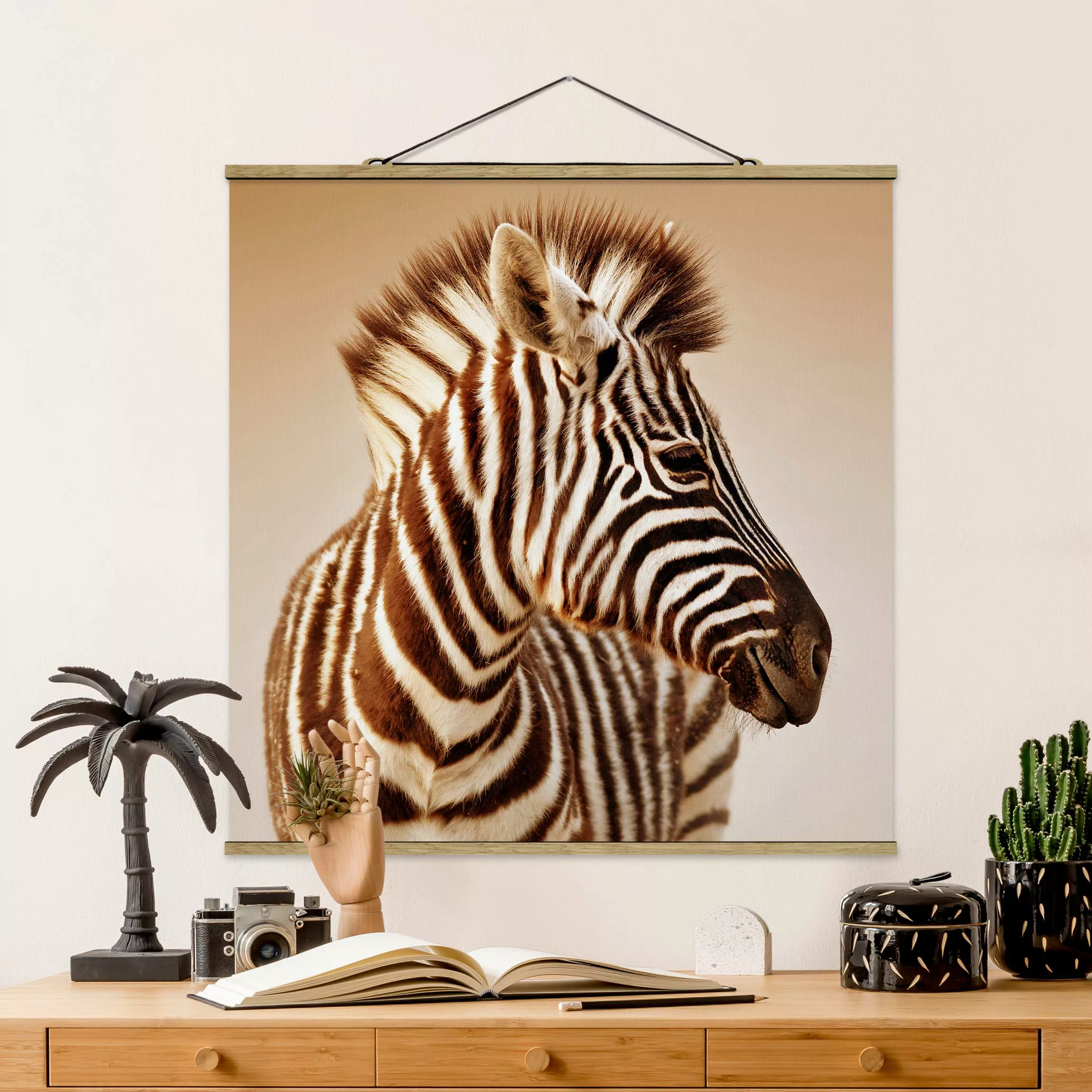 Stoffbild Tiere mit Posterleisten - Quadrat Zebra Baby Portrait günstig online kaufen