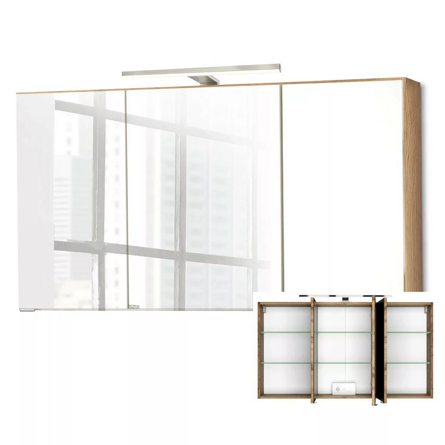 Badezimmer LED Spiegelschrank 120cm 3-türig FLORIDO-03-OAK in Wotaneiche Nb günstig online kaufen