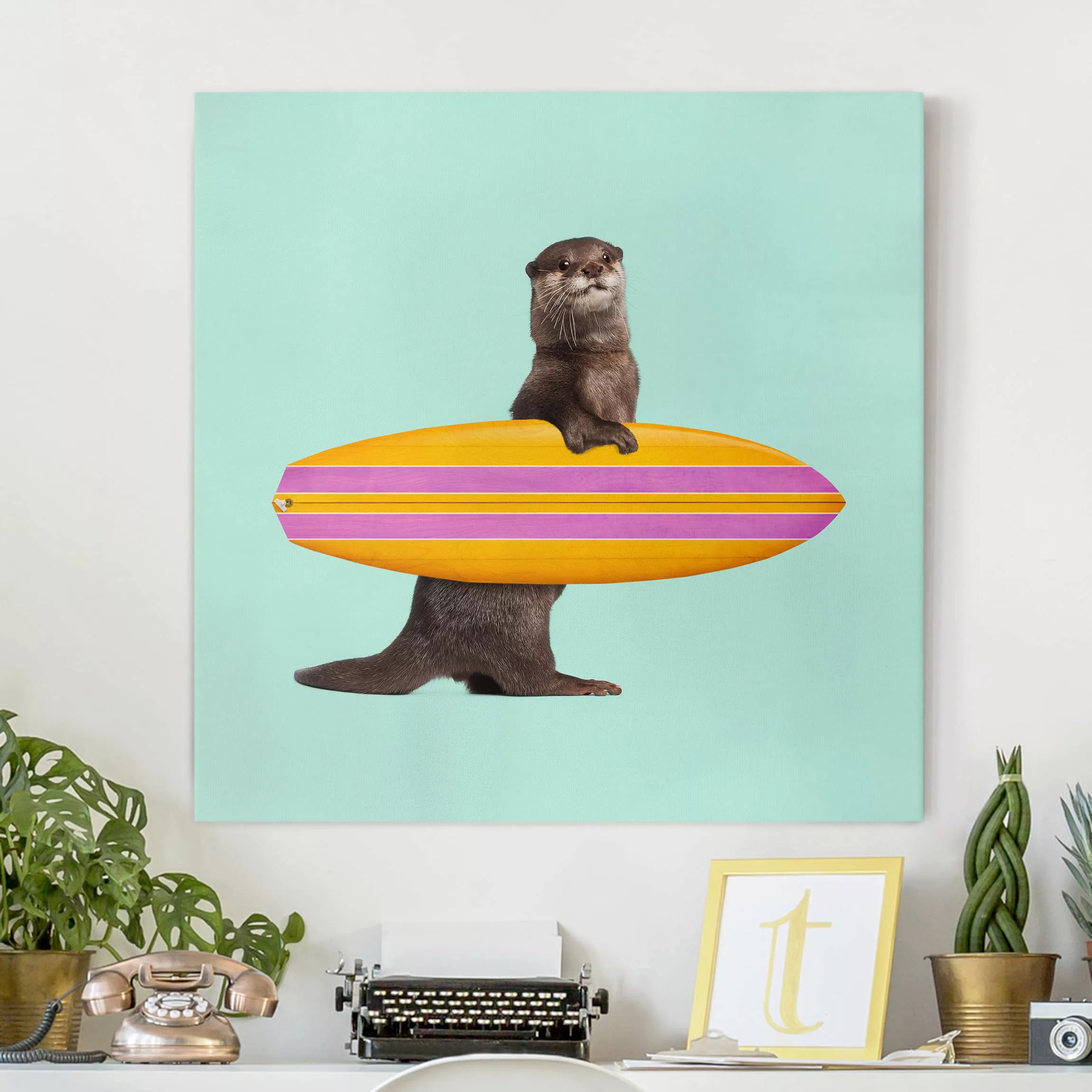 Leinwandbild Kinderzimmer - Quadrat Otter mit Surfbrett günstig online kaufen