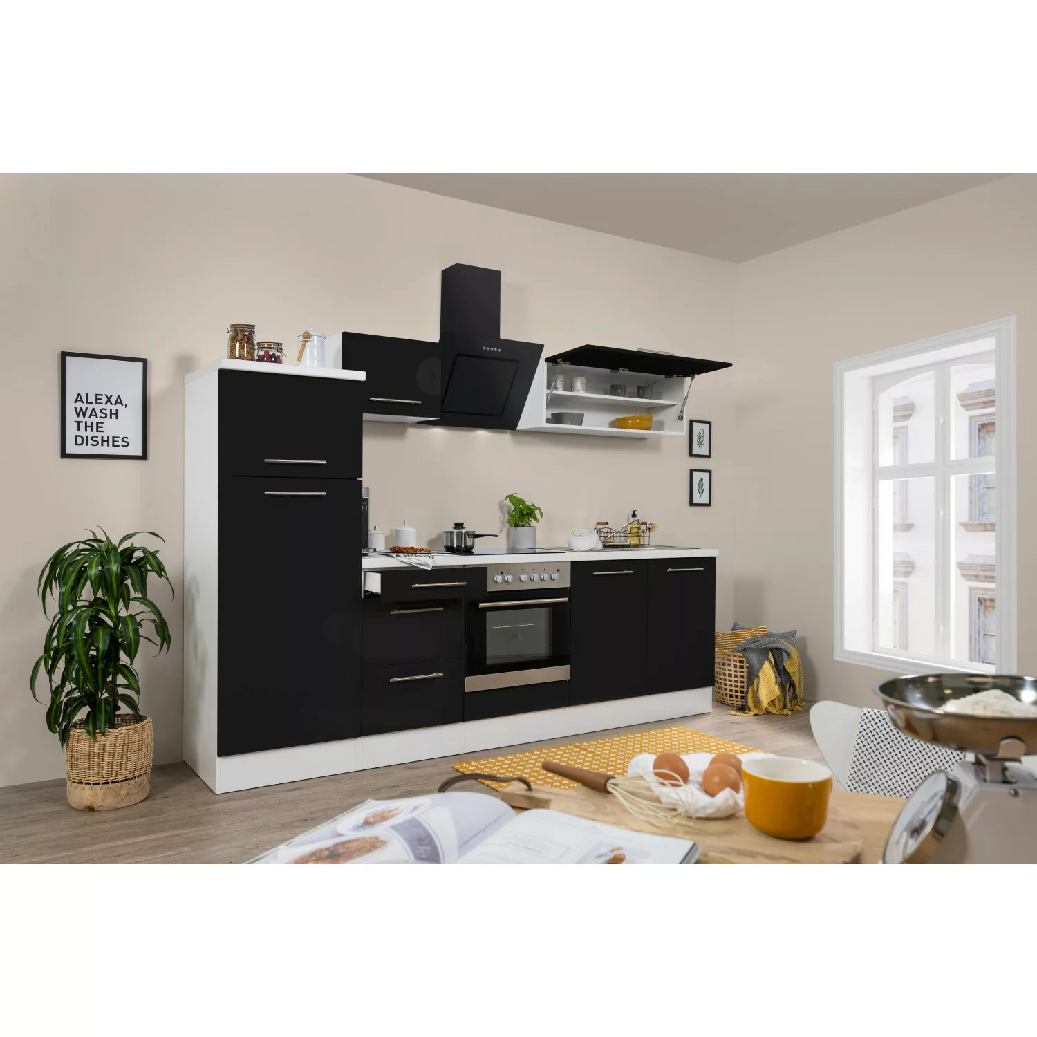 Respekta Premium Küchenzeile 270 cm Schwarz Hochglanz-Eiche Grau günstig online kaufen