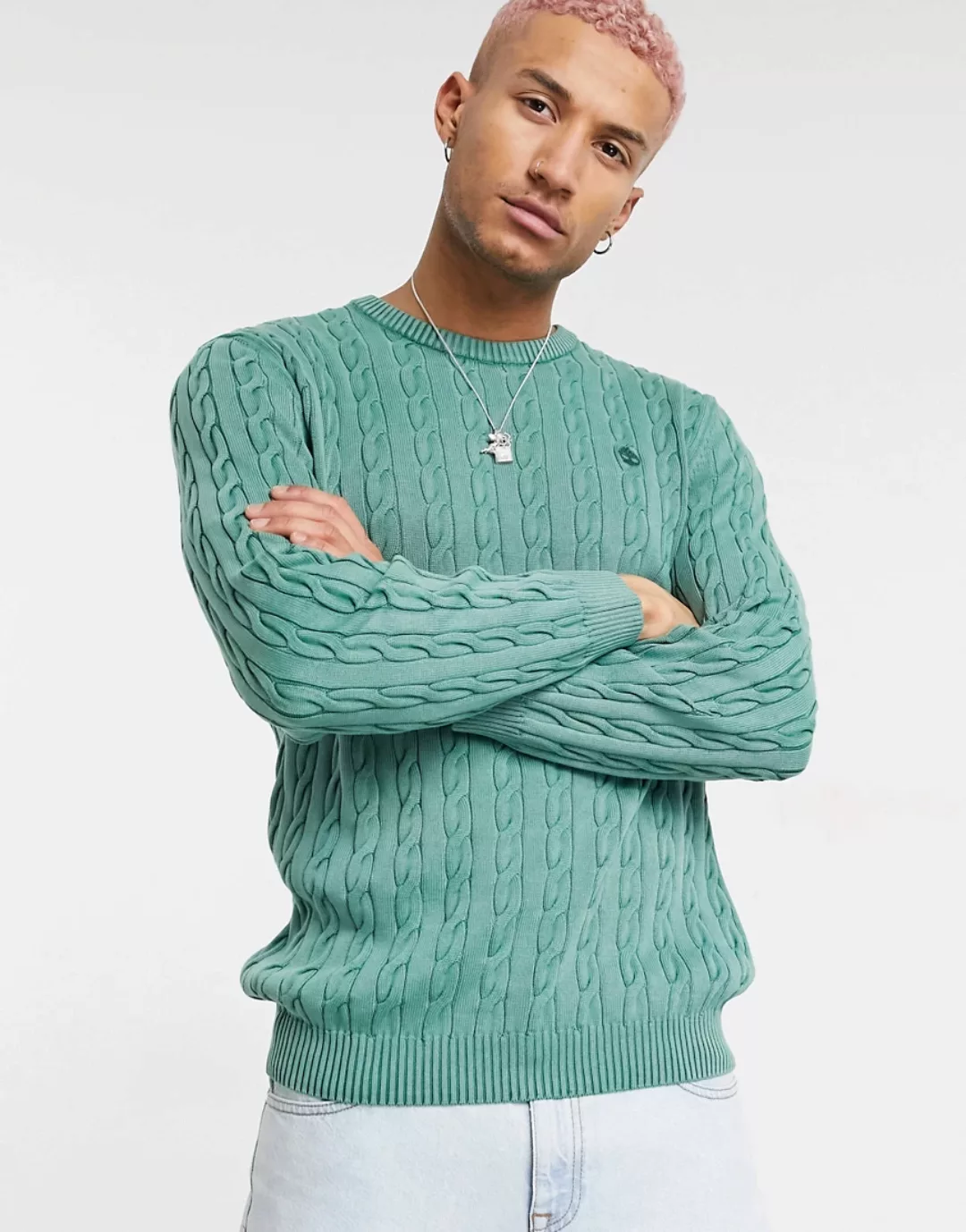 Timberland – Gewaschener Pullover mit Zopfmuster-Grün günstig online kaufen