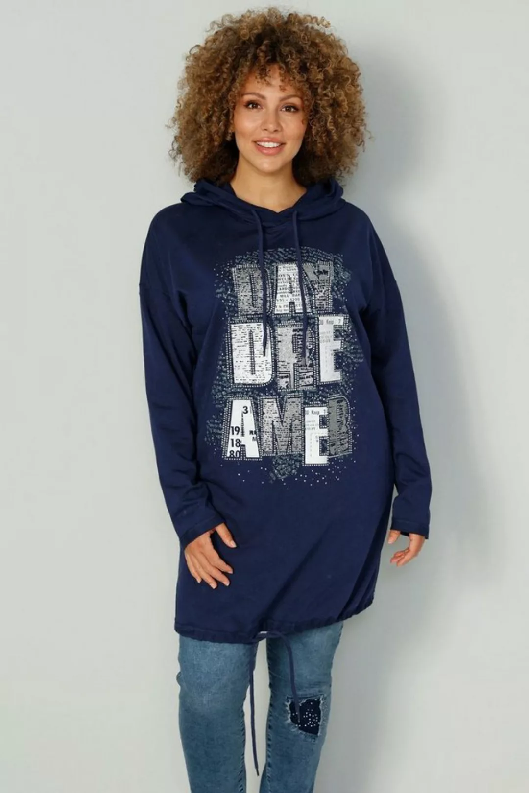 MIAMODA Sweatshirt Long-Hoodie Schriftdruck Kapuze Bindeband am Saum. günstig online kaufen