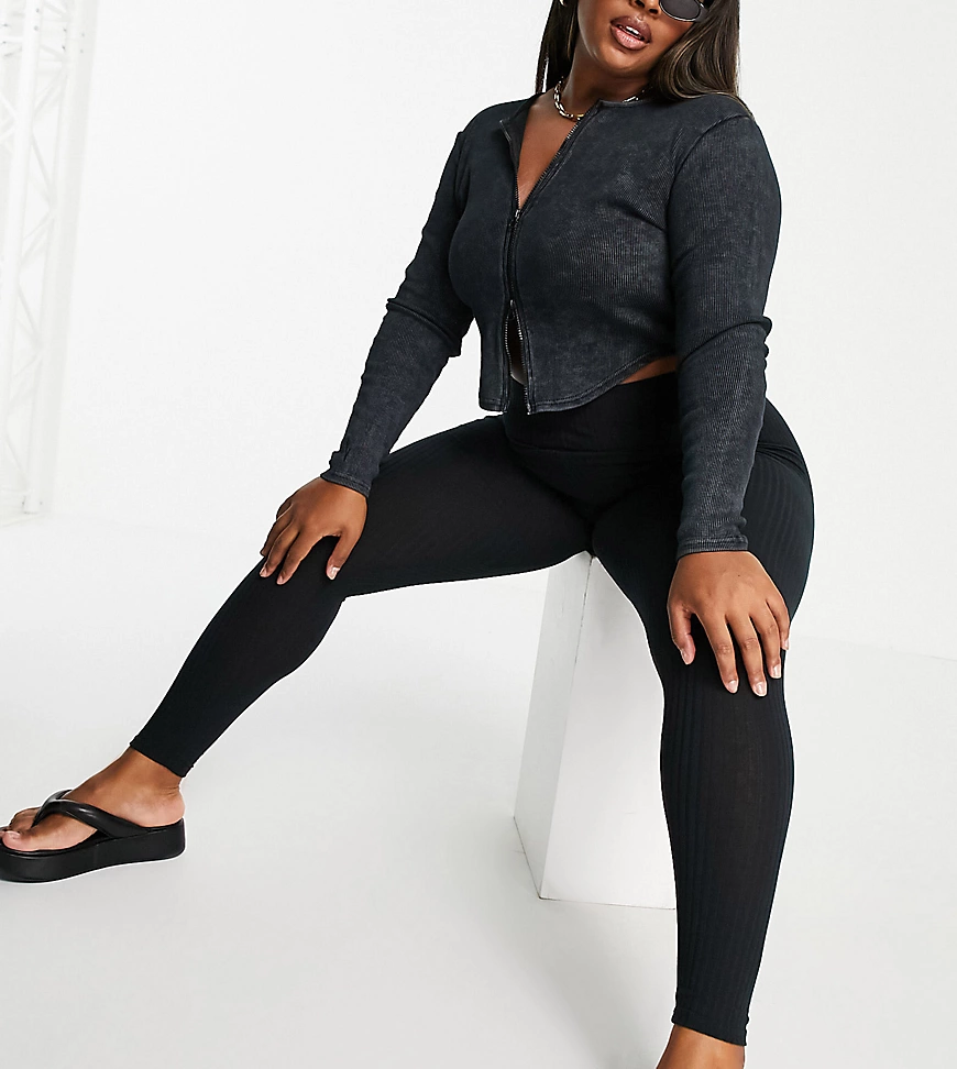 Monki – Gerippte Leggings in Schwarz günstig online kaufen