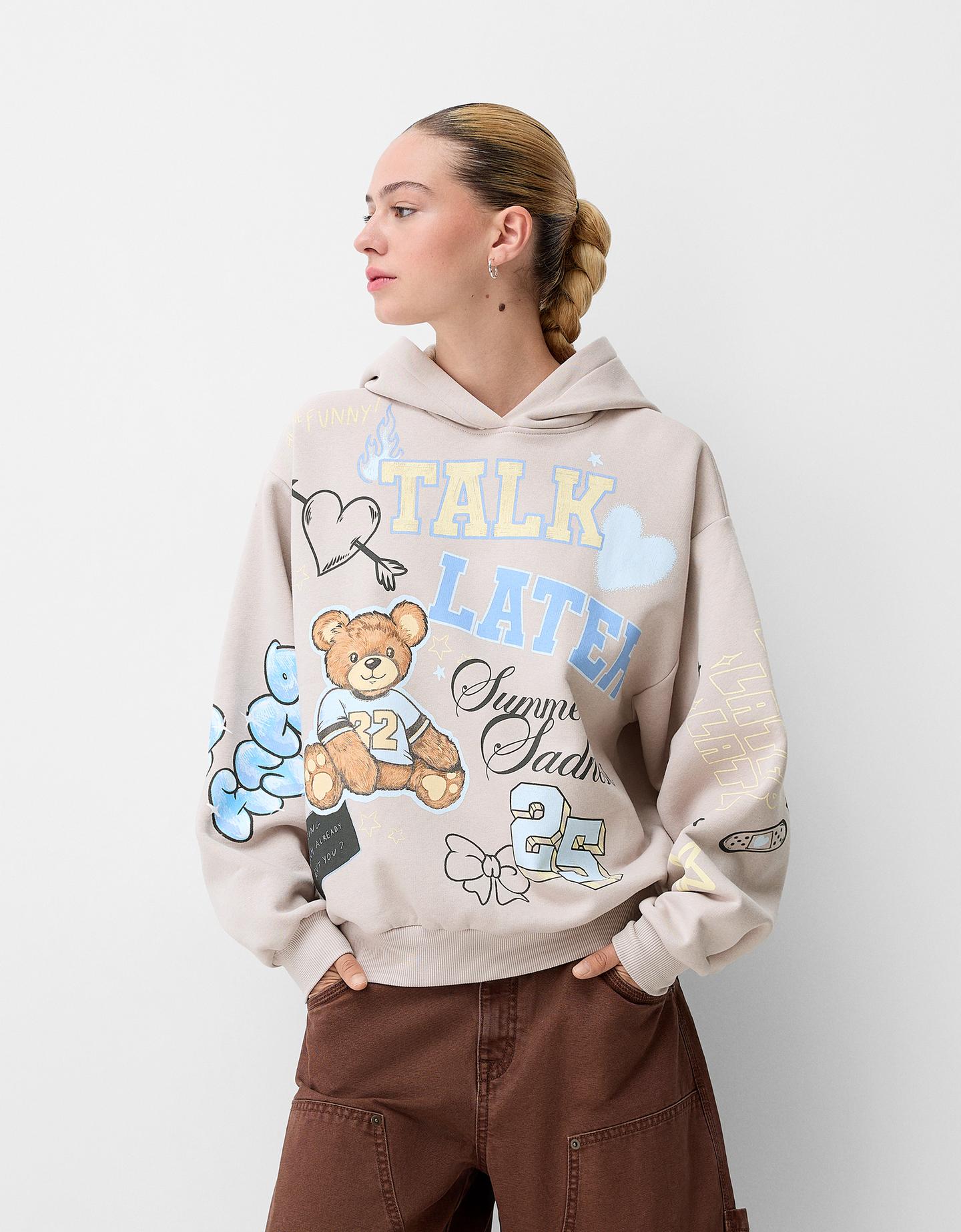 Bershka Hoodie Mit Print Damen S Sandfarbe günstig online kaufen