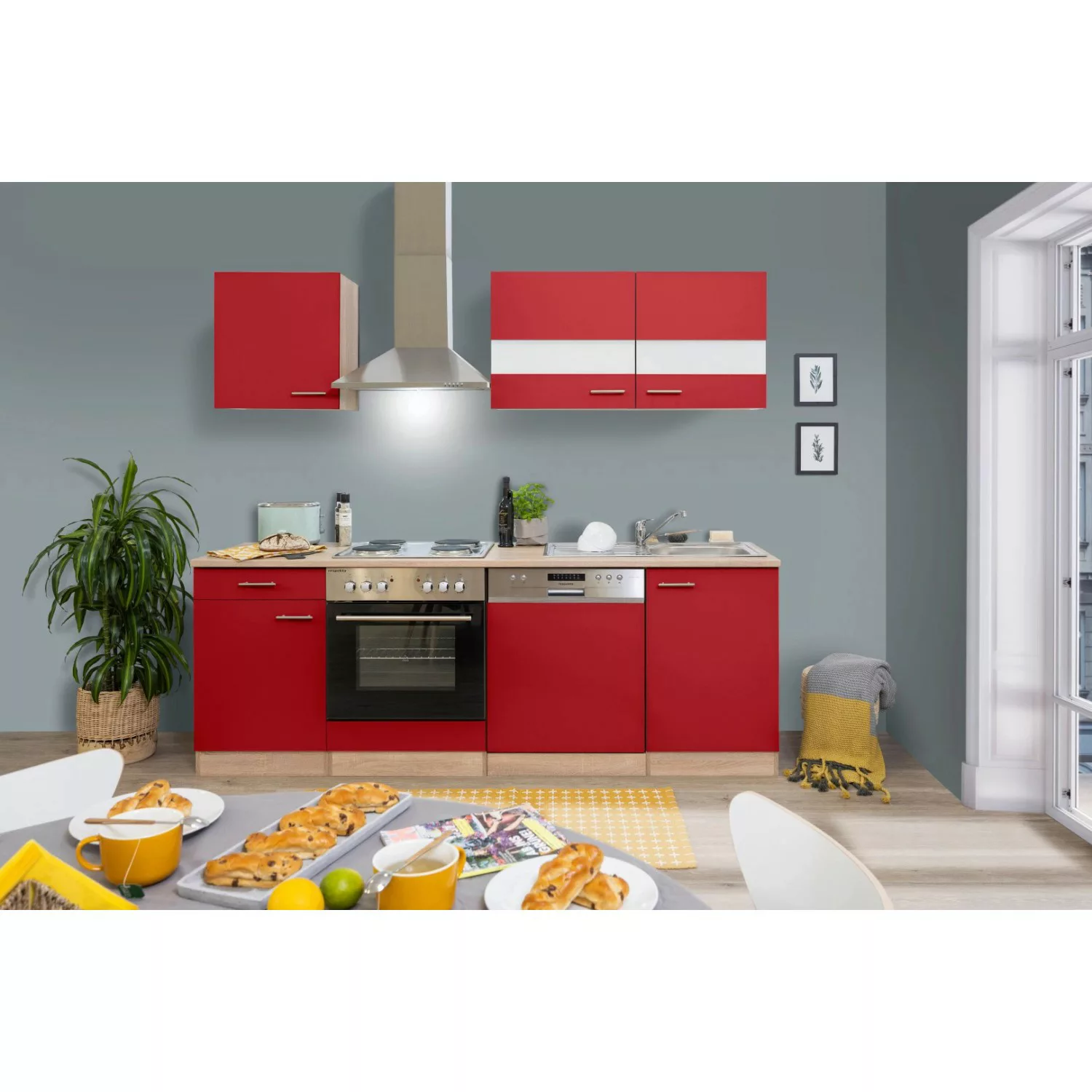Respekta Küchenzeile KB220ESR 220 cm Rot-Eiche Sägerau Nachbildung günstig online kaufen