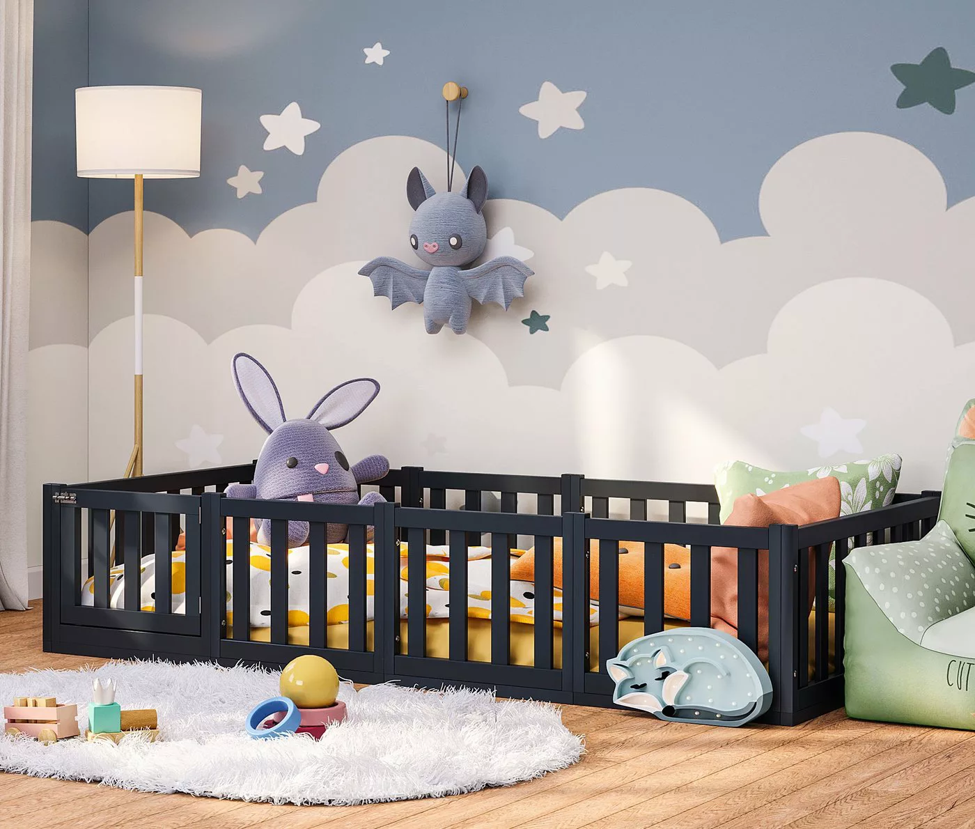 Bellabino Kinderbett Tapi (90x200 cm, grau, Bodenbett mit Lattenrost, Rausf günstig online kaufen