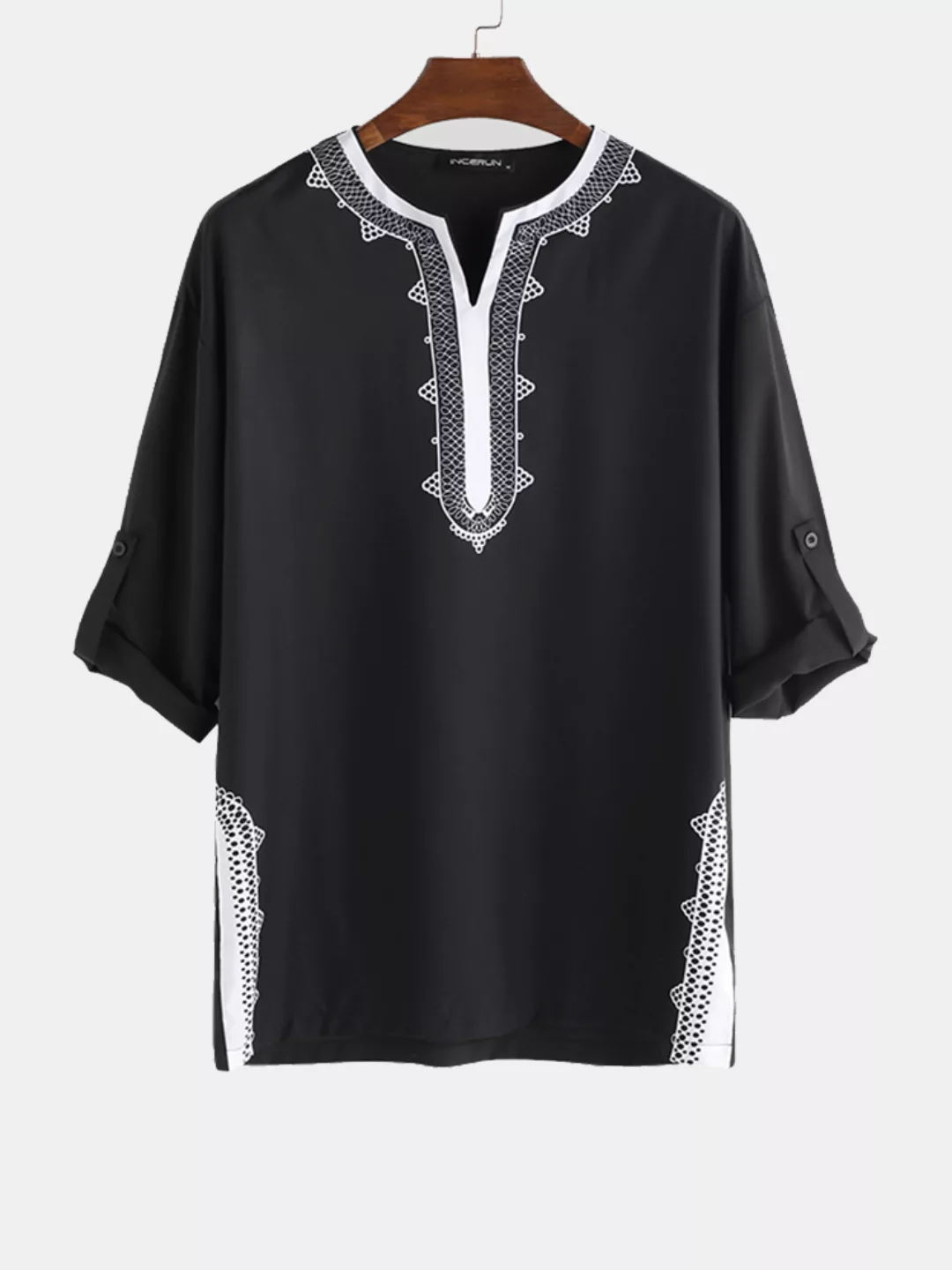Mens Ethnic Style Stitching Print Kurz geschnittene Hemden mit halben Ärmel günstig online kaufen