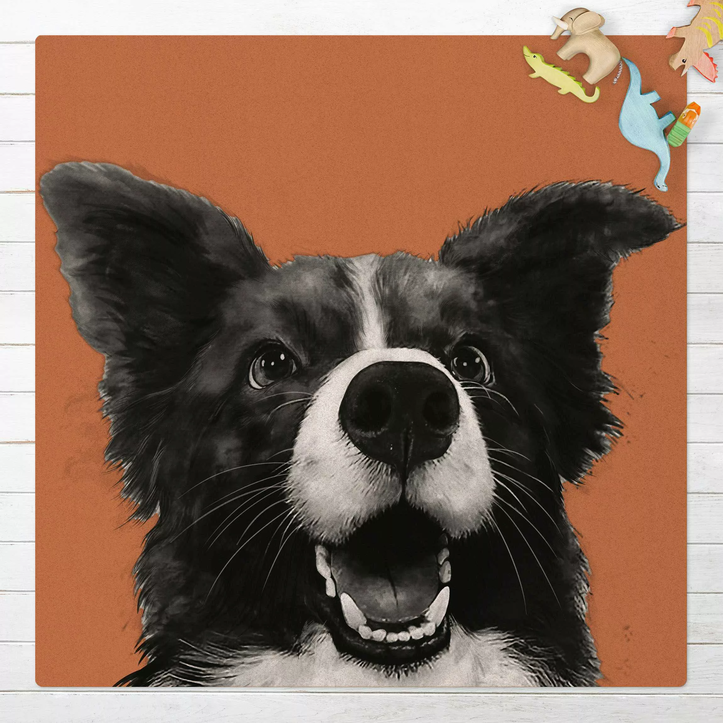 Kork-Teppich Illustration Hund Border Collie Schwarz Weiß Malerei günstig online kaufen