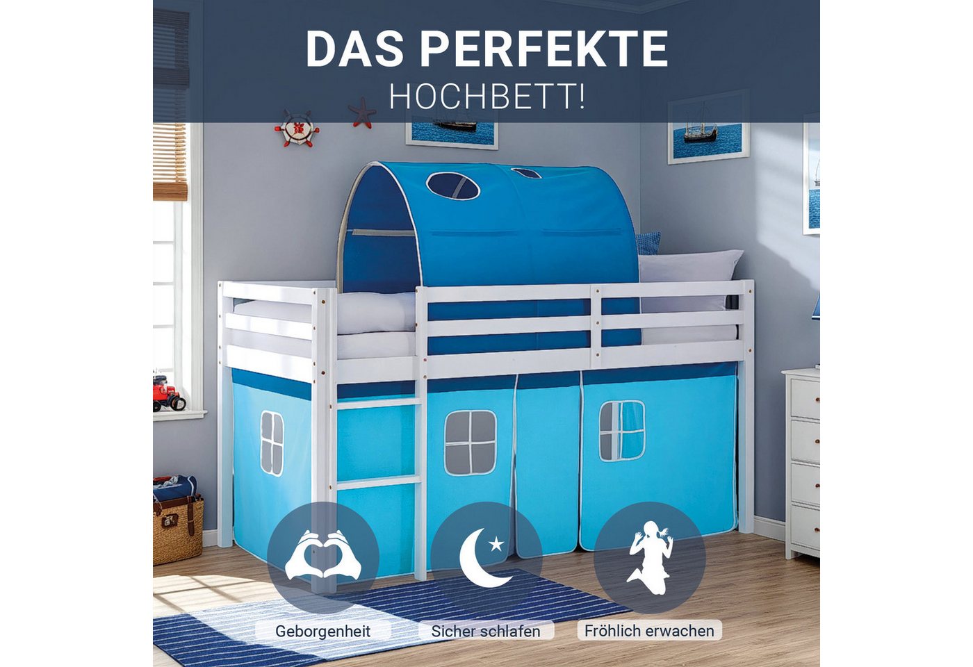 Homestyle4u Hochbett 90x200 Kinderbett Weiß Vorhang Blau für 1 Kind Kiefer günstig online kaufen