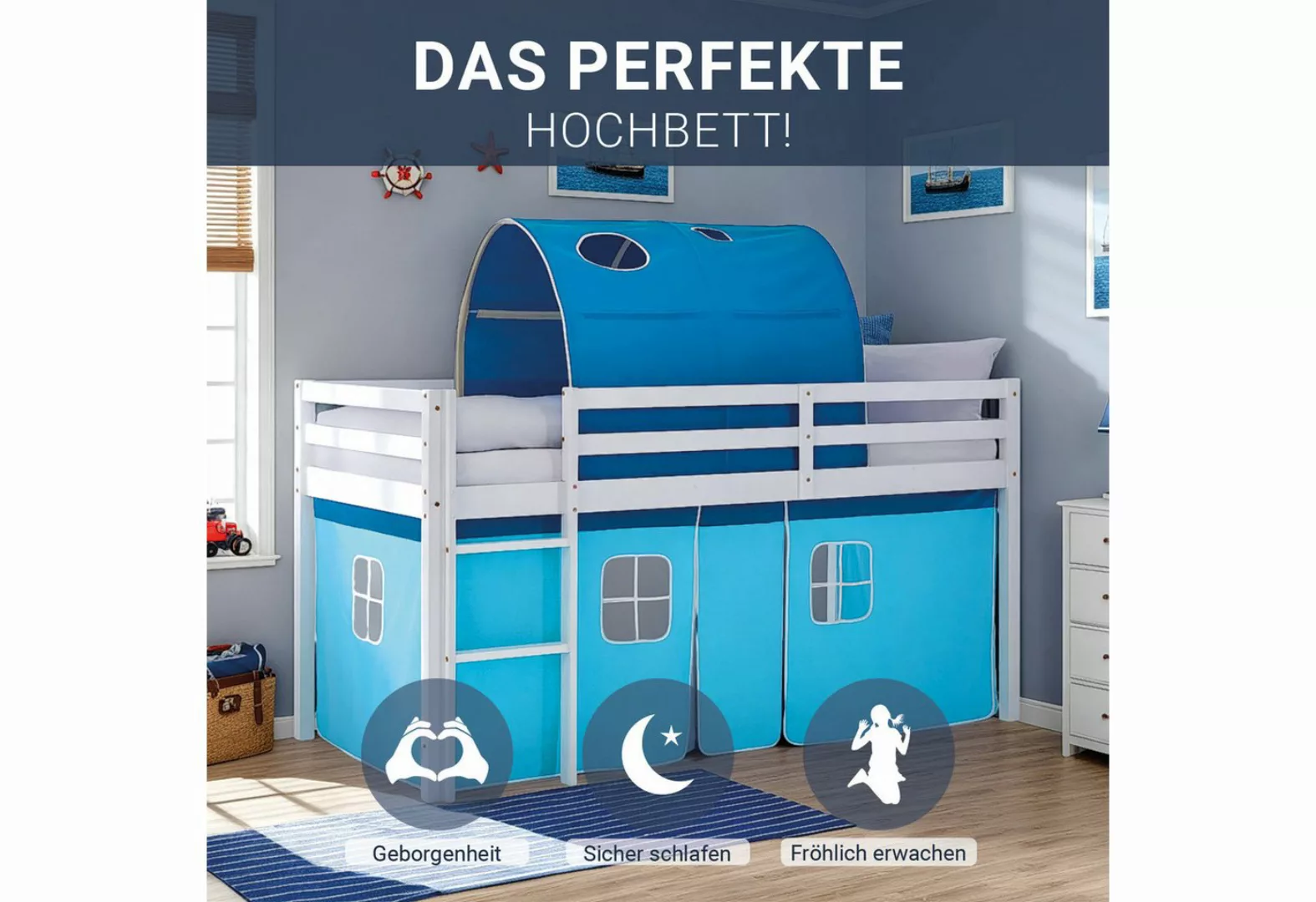 Homestyle4u Hochbett 90x200 cm Stockbett Kinderbett Holz Kiefer Weiß Blau ( günstig online kaufen