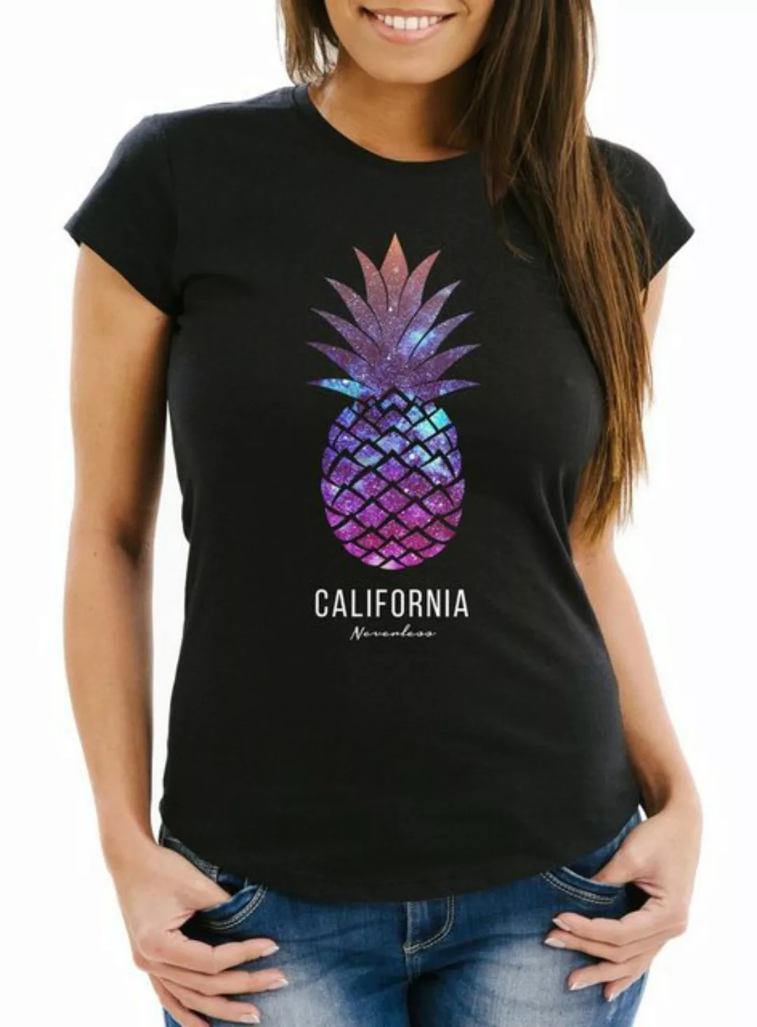 Print-Shirt Damen T-Shirt Ananas Galaxy Galaxie Wasser Ozean Slim Fit Never günstig online kaufen