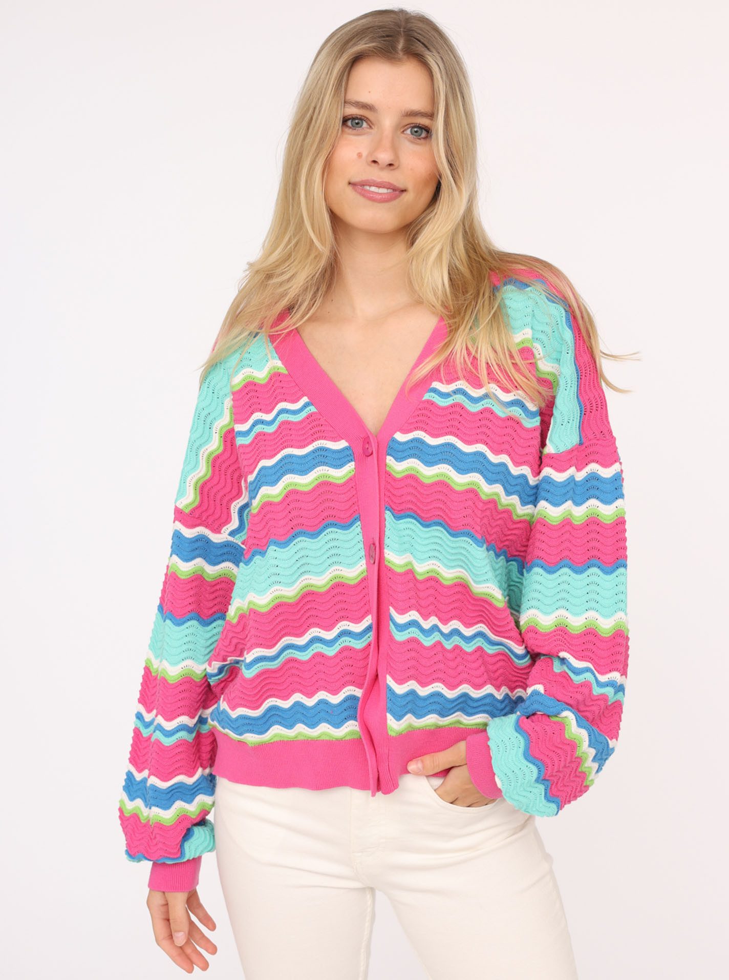 Zwillingsherz Strickjacke Wellen-Muster, Langarm, V-Ausschnitt, Baumwolle, günstig online kaufen