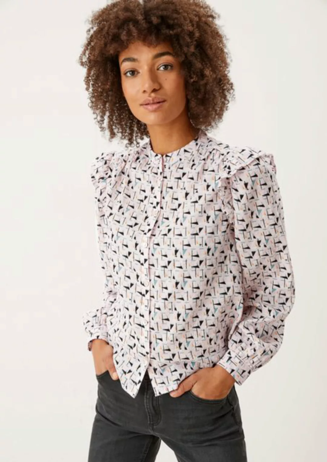 QS Langarmbluse Gemusterte Bluse mit Rüschen Rüschen günstig online kaufen