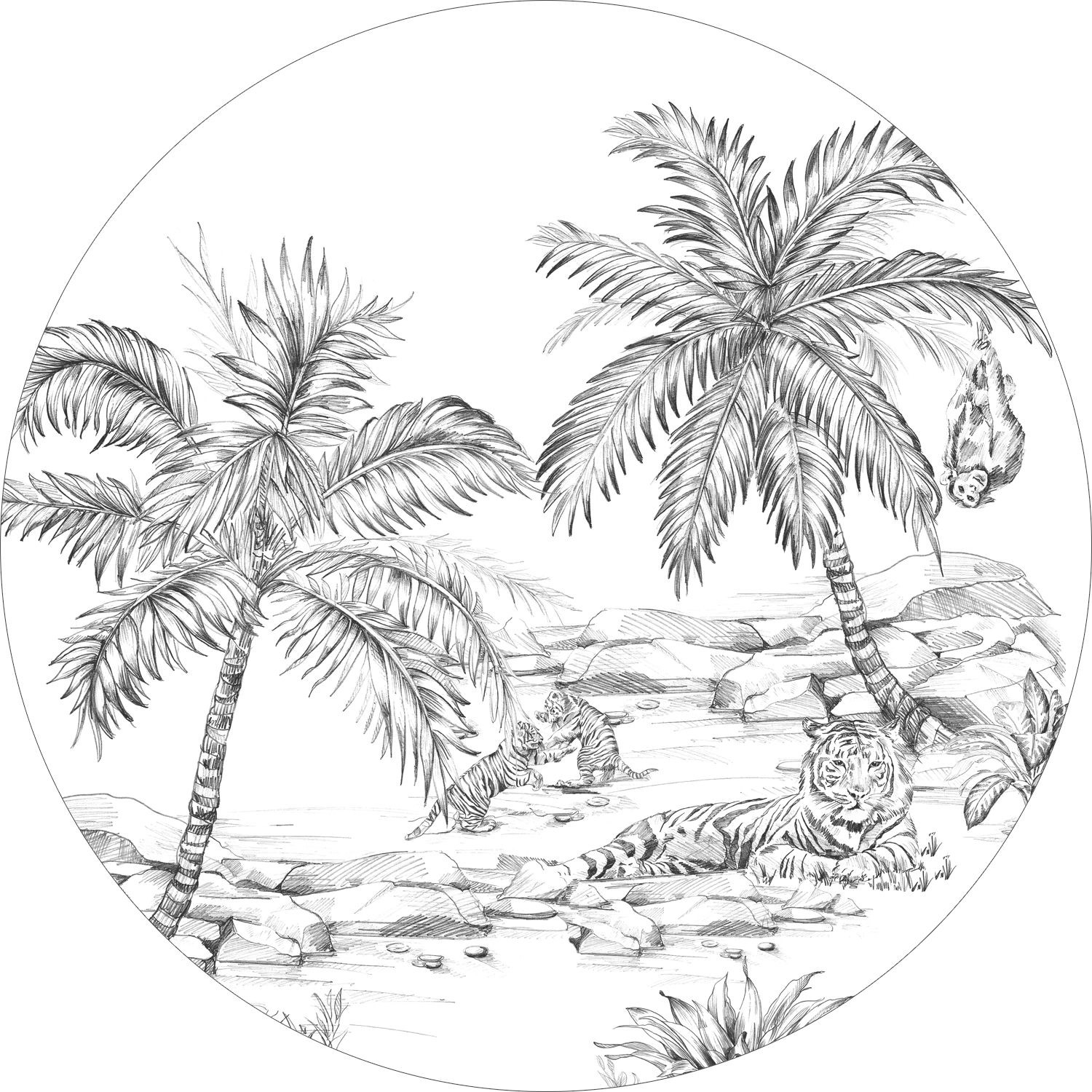 ESTAhome Selbstklebende Runde Tapete Safari-Muster Schwarz-Weiß Ø 140 cm 15 günstig online kaufen