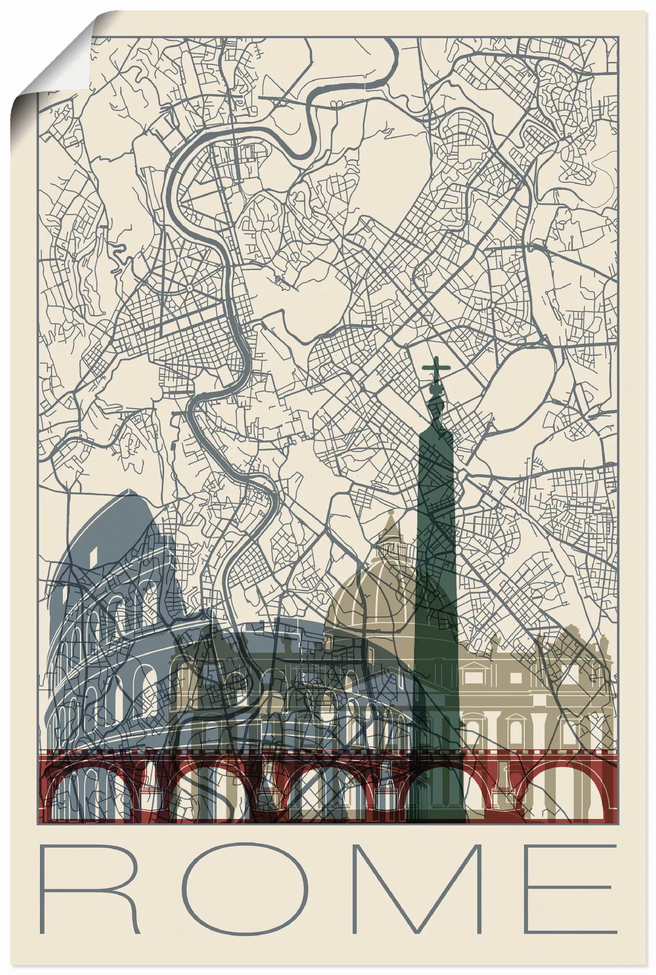 Artland Poster "Retro Karte Rom Italien und Skyline", Italien, (1 St.), als günstig online kaufen