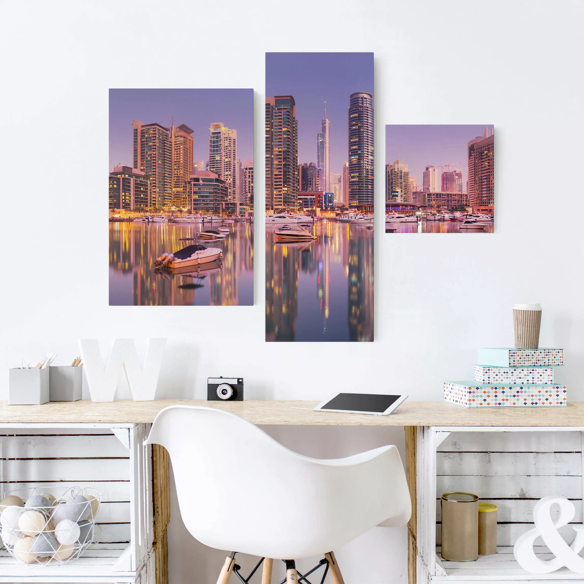 3-teiliges Leinwandbild - Querformat Dubai Skyline und Marina günstig online kaufen