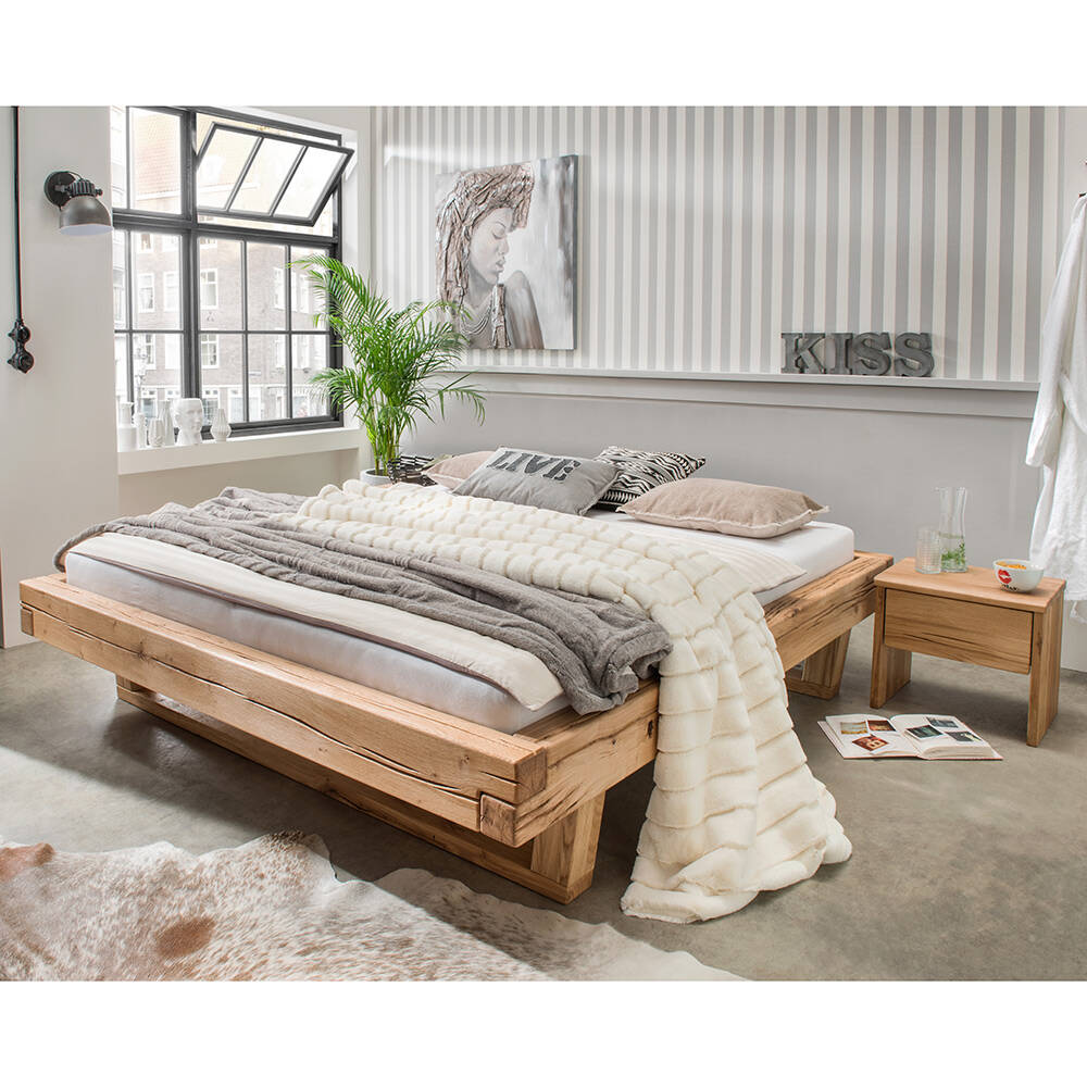 Massivholz Doppelbett mit 2 Nachttischen, 200x200 cm, Eiche massiv, ohne Ko günstig online kaufen