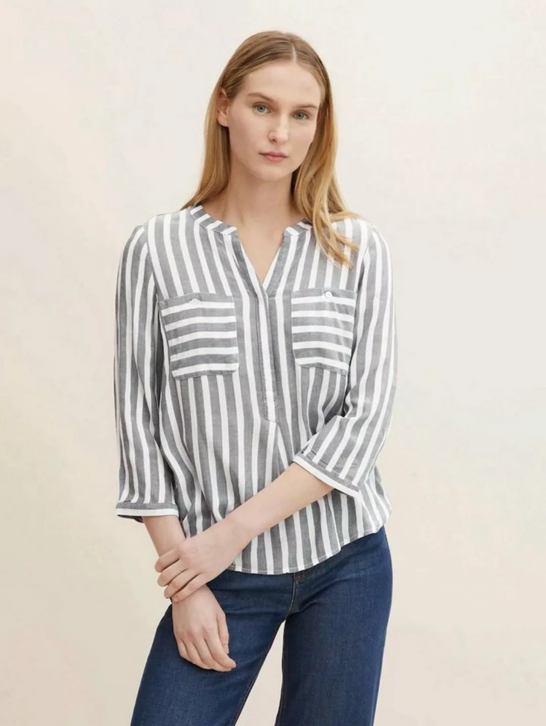 TOM TAILOR Blusenshirt Gestreifte 3/4 Arm Bluse V-Ausschnitt Tunika Shirt 4 günstig online kaufen