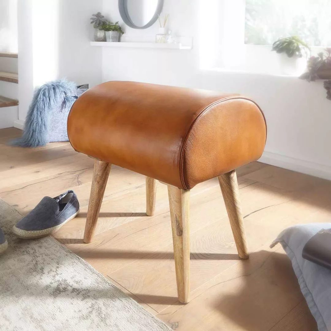 Holzhocker mit Echtleder Sitzfläche in Cognac Braun rustikalen Landhausstil günstig online kaufen