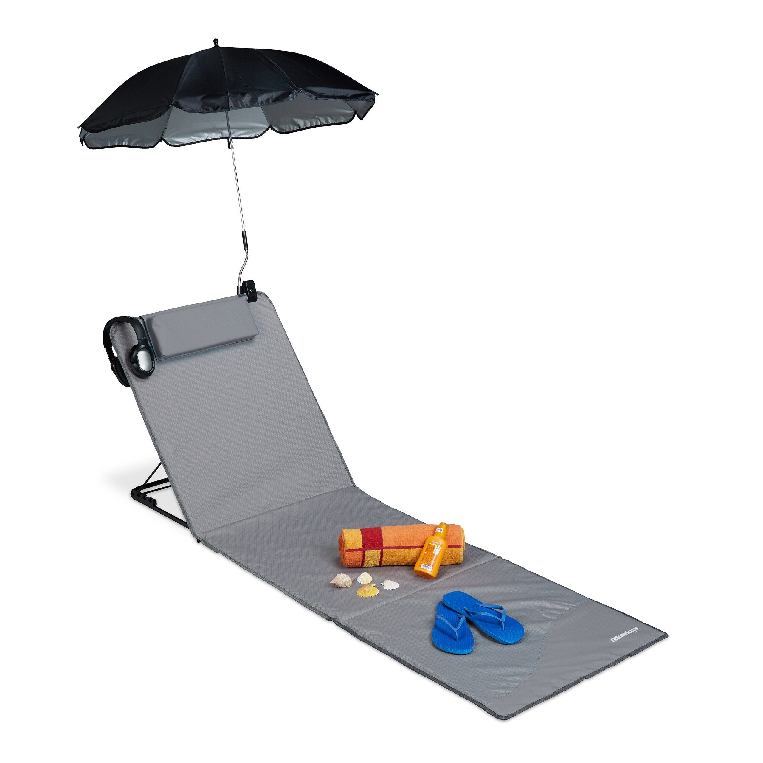 relaxdays Gartenliege Strandmatte mit Sonnenschirm, Grau günstig online kaufen