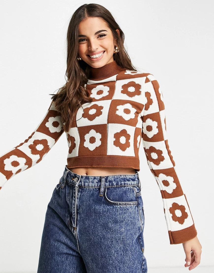 ASOS DESIGN – Hochgeschlossener Pullover mit Blumenmuster-Braun günstig online kaufen