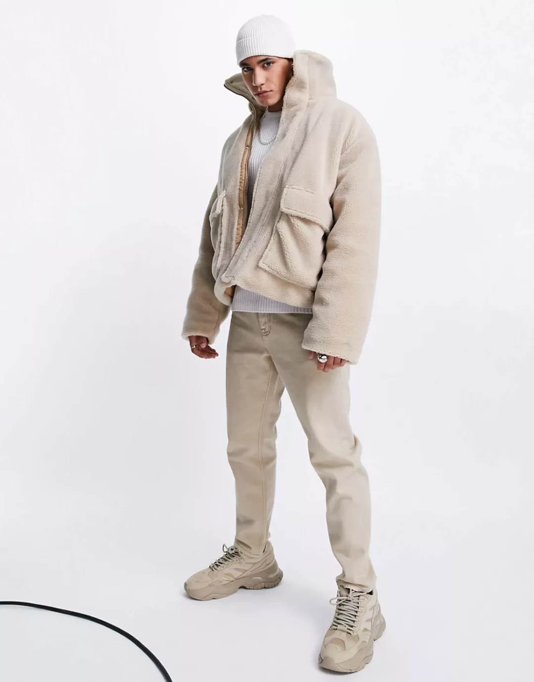 ASOS DESIGN – Oversize-Jacke aus Teddyfell in Ecru-Weiß günstig online kaufen