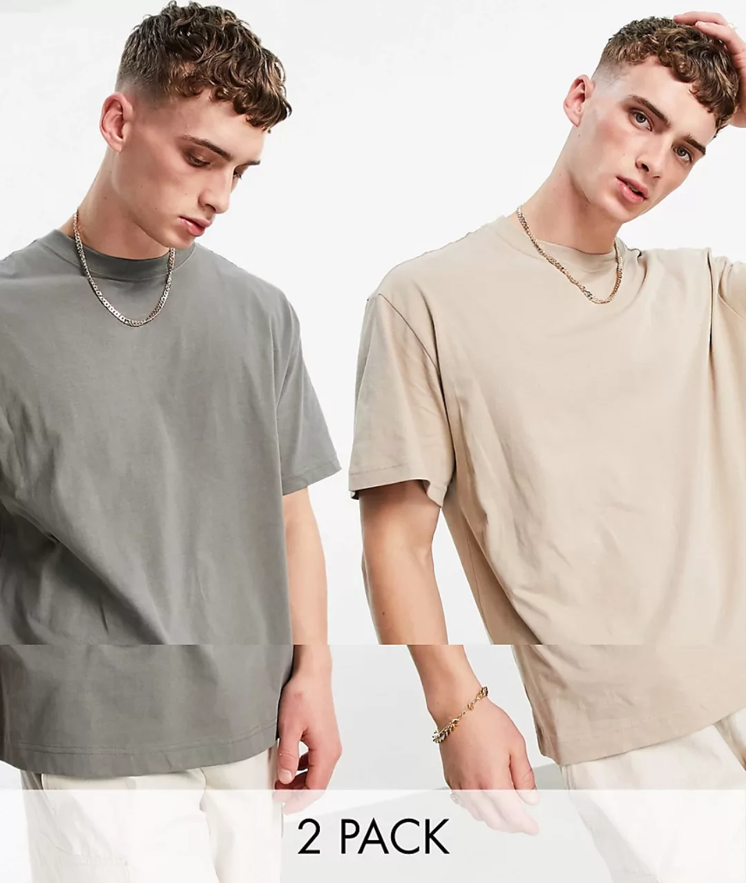 Weekday – Oversize-T-Shirt im 2er-Pack in Beige und Dunkelgrau-Mehrfarbig günstig online kaufen