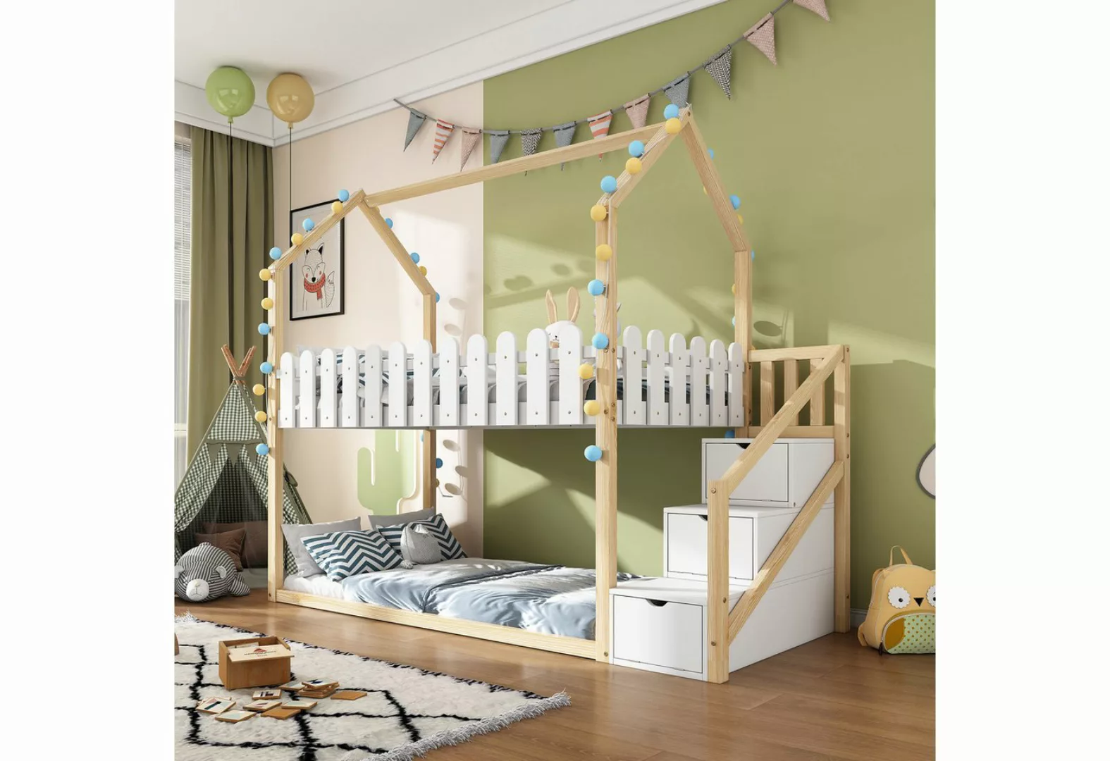 HAUSS SPLOE Kinderbett 90x200 mit 3 Treppen, 3 Ablagefächer, Zaundekor, Ohn günstig online kaufen