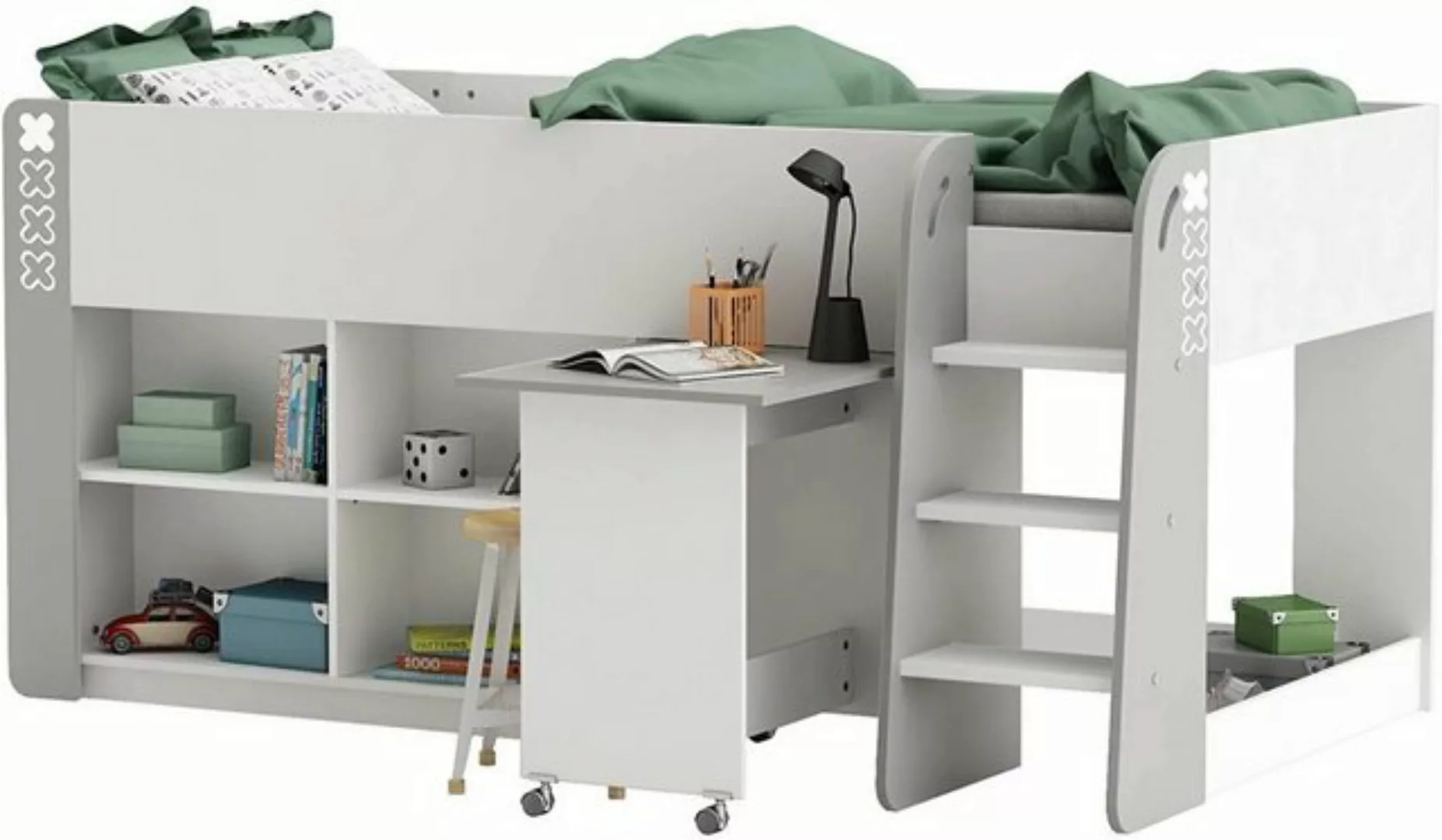 habeig Hochbett Kinderbett HOCHBETT Weiss Schreibtisch Treppe KOMBIBETT 90x günstig online kaufen