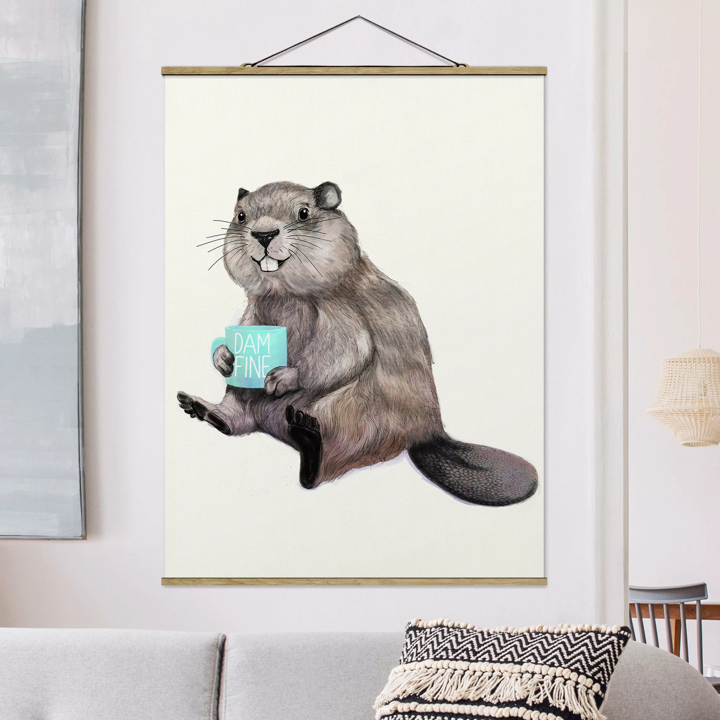 Stoffbild Tiere mit Posterleisten - Hochformat Illustration Biber mit Kaffe günstig online kaufen