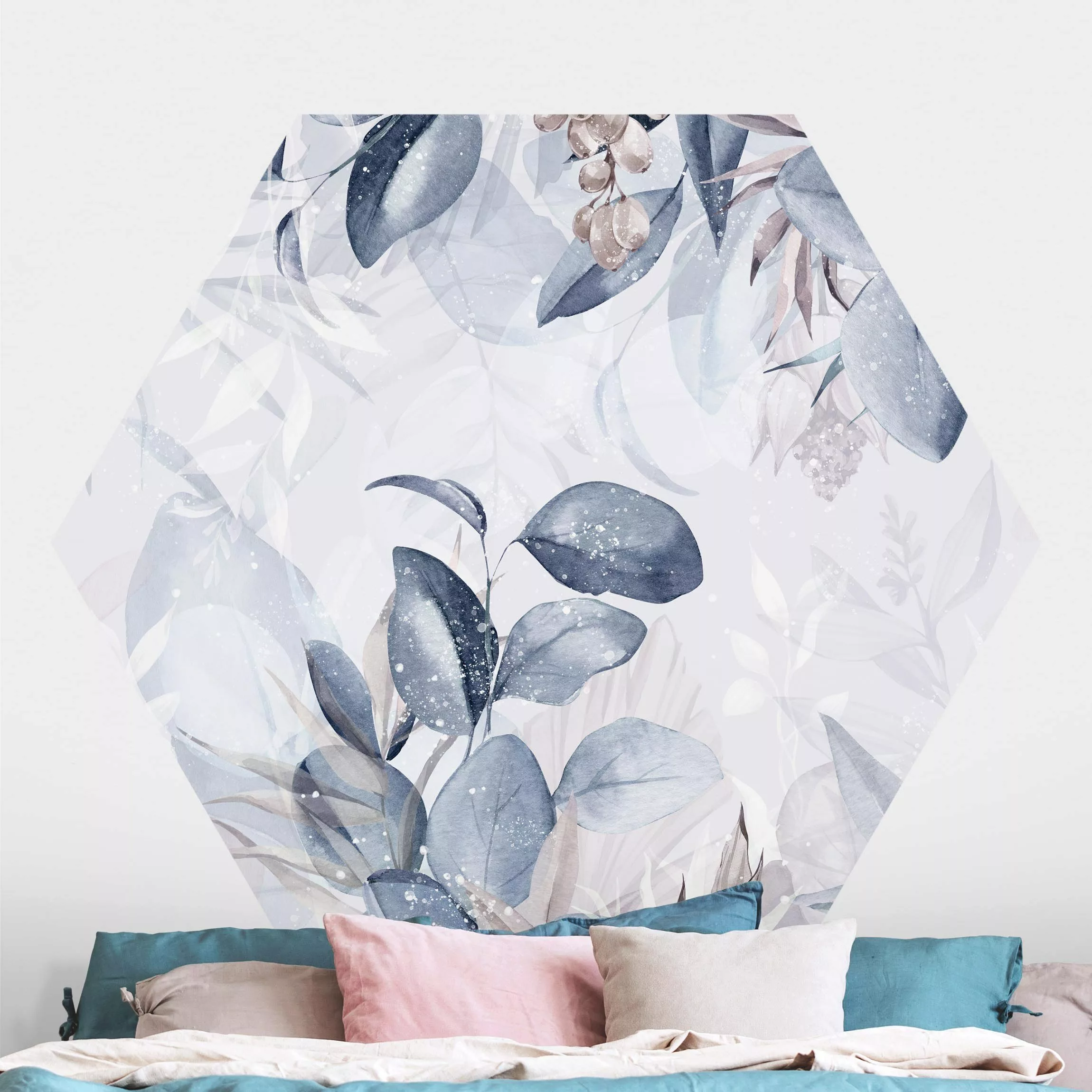 Hexagon Mustertapete selbstklebend Botanik in Pastell Blau & Beige günstig online kaufen