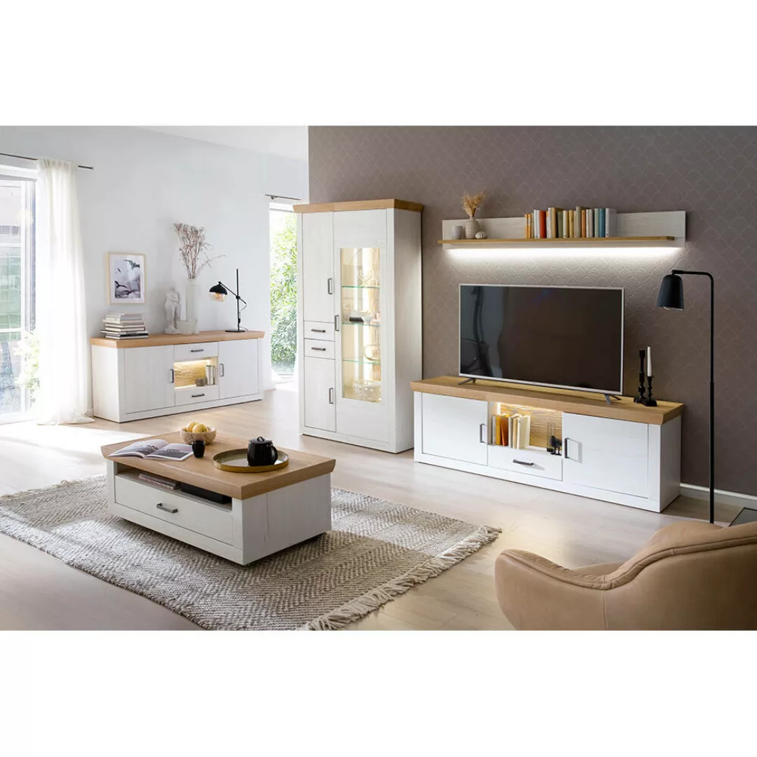 Wohnzimmer Set mit LED Beleuchtung MARINGA-05 in Pinie weiß mit Eiche Nb. i günstig online kaufen