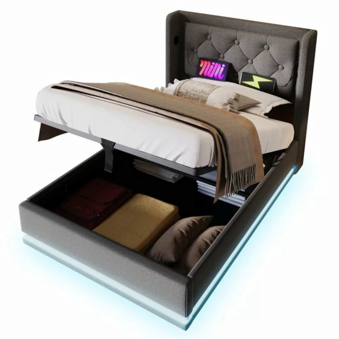 Gotagee Polsterbett Stauraumbett Bett Baumwolle flaches USB LED Typ-C Funkt günstig online kaufen