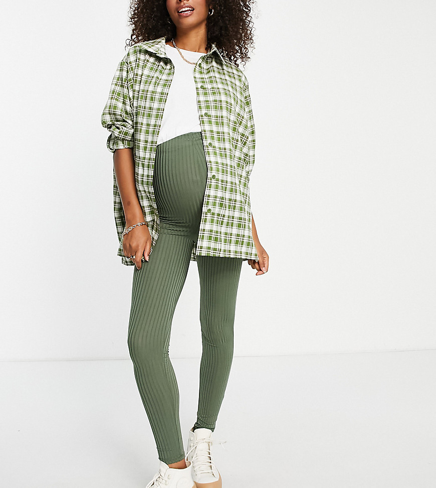 Flounce London Maternity – Gerippte Leggings in Khaki-Grün günstig online kaufen