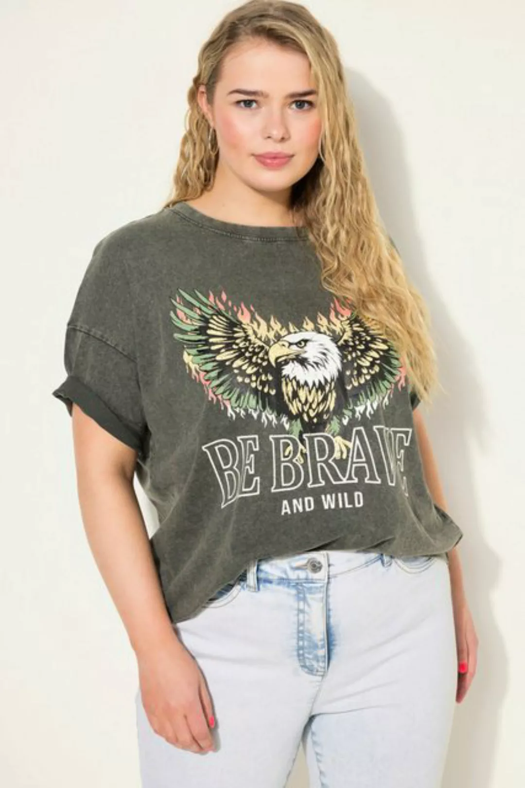 Studio Untold Rundhalsshirt T-Shirt oversized Frontprint Acid Wash Rundhals günstig online kaufen