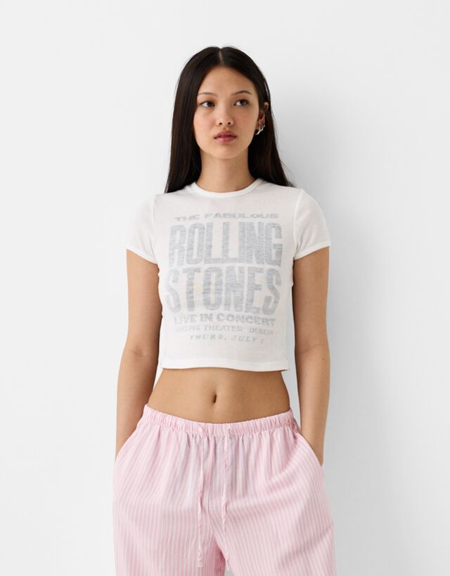 Bershka Kurzärmeliges Rolling Stones-T-Shirt Damen L Weiss günstig online kaufen