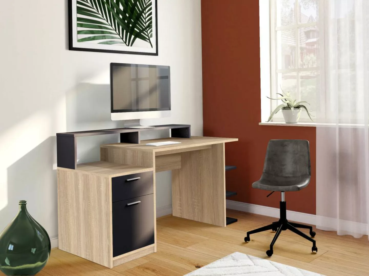 Schreibtisch mit Stauraum - Eichefarben & Schwarz - ZACHARIE günstig online kaufen