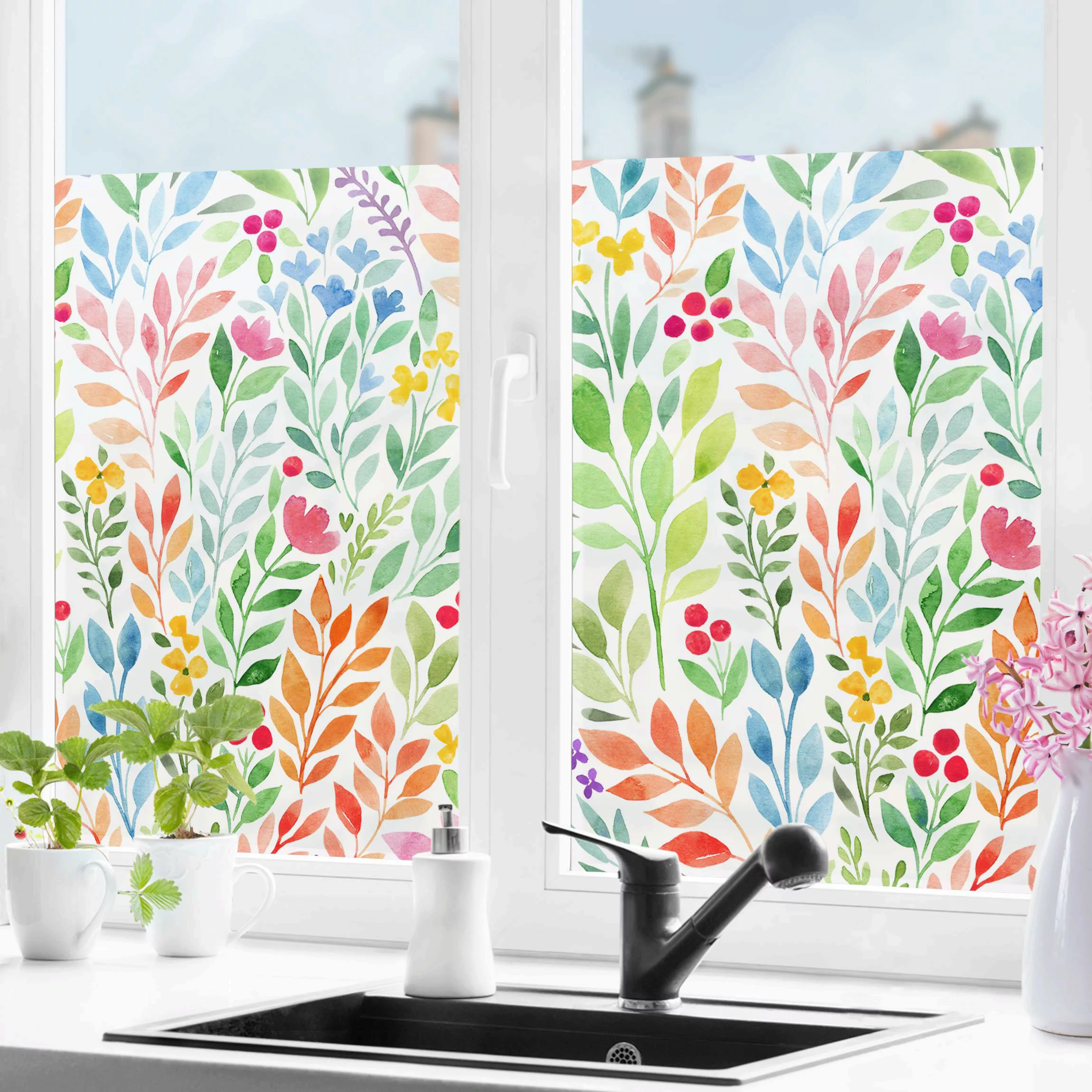 Fensterfolie Kunterbunte Aquarellblumen günstig online kaufen