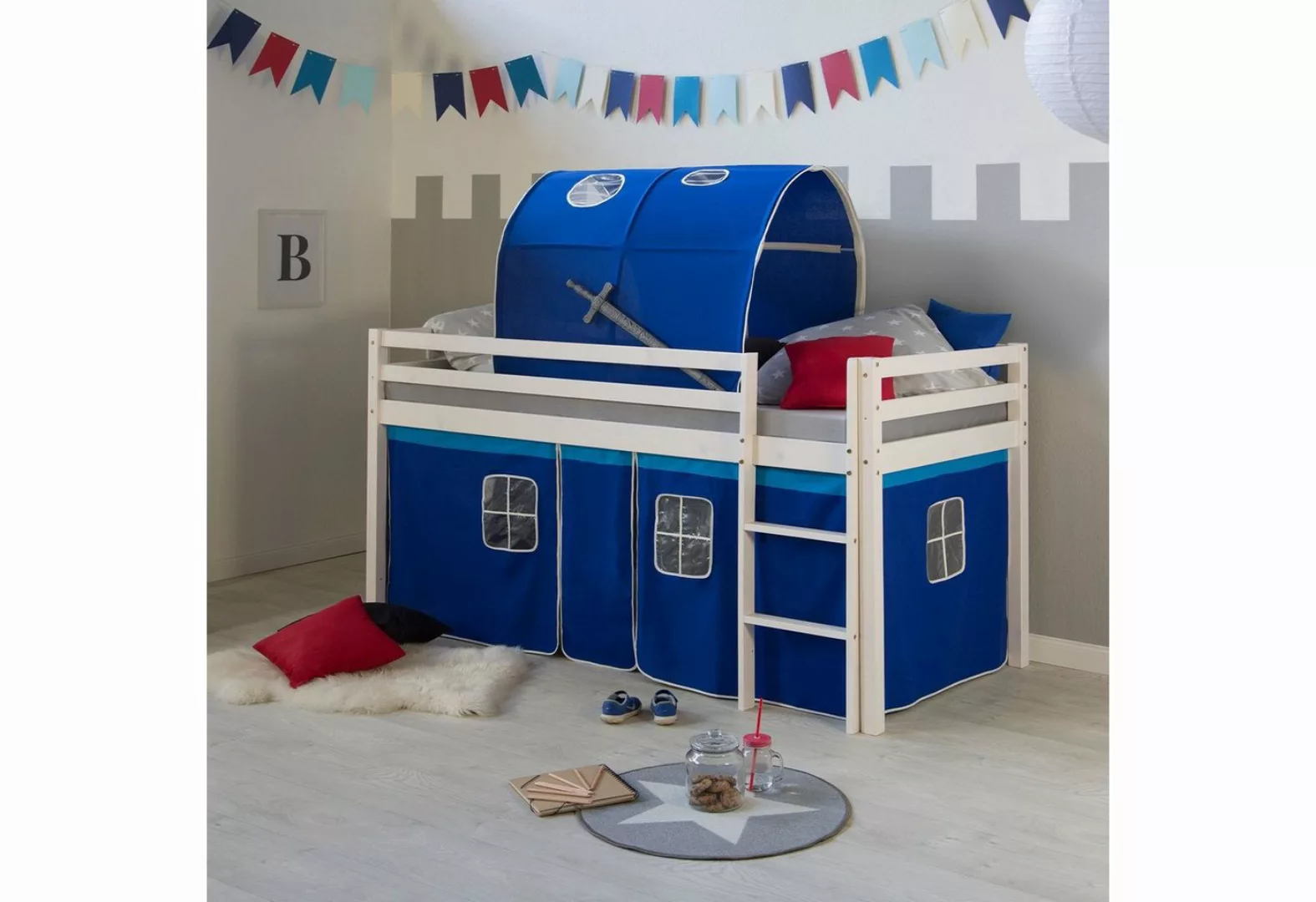 Homestyle4u Hochbett 90x200 mit Vorhang Stockbett Kinderbett Holz Weiß Blau günstig online kaufen