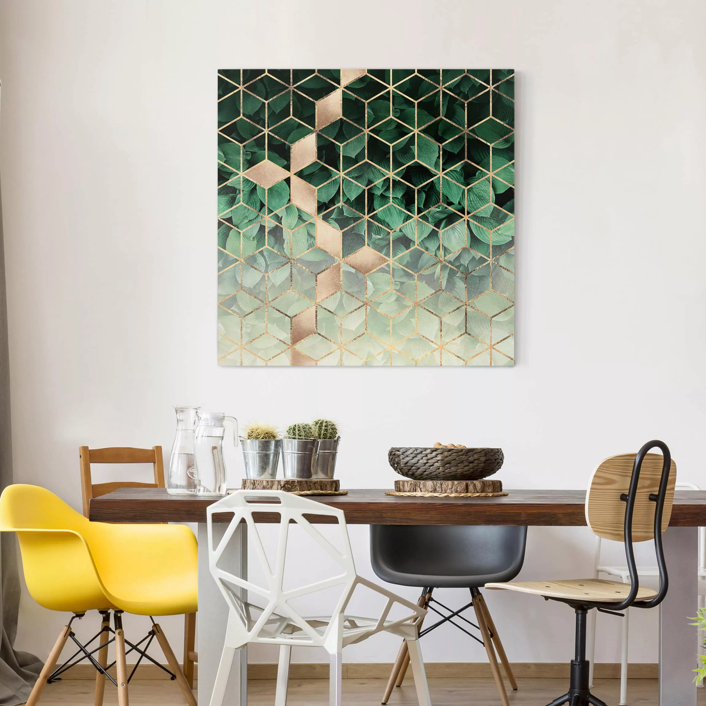 Leinwandbild Abstrakt - Quadrat Grüne Blätter goldene Geometrie günstig online kaufen