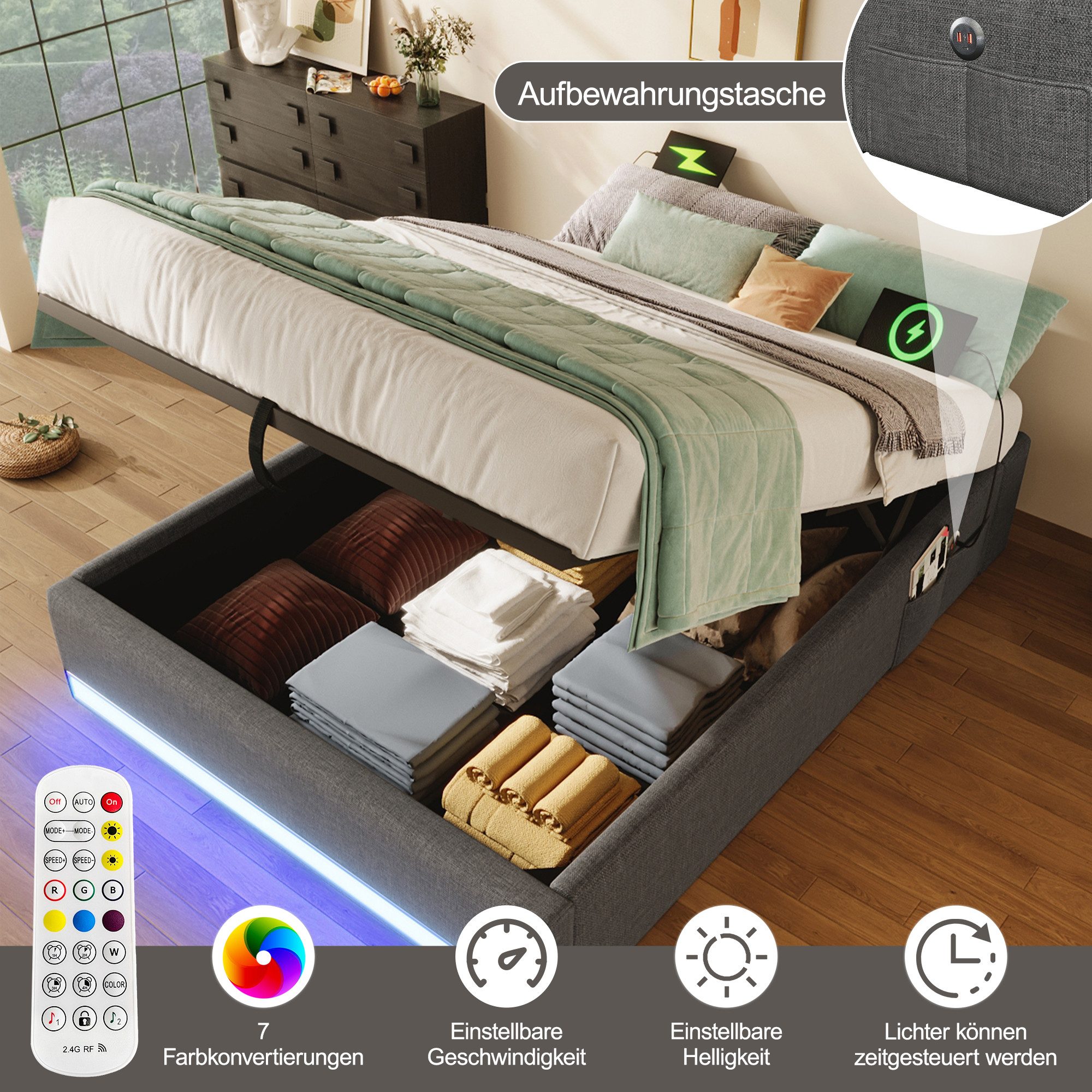 REDOM Polsterbett mit LED und USB/Typ-C günstig online kaufen