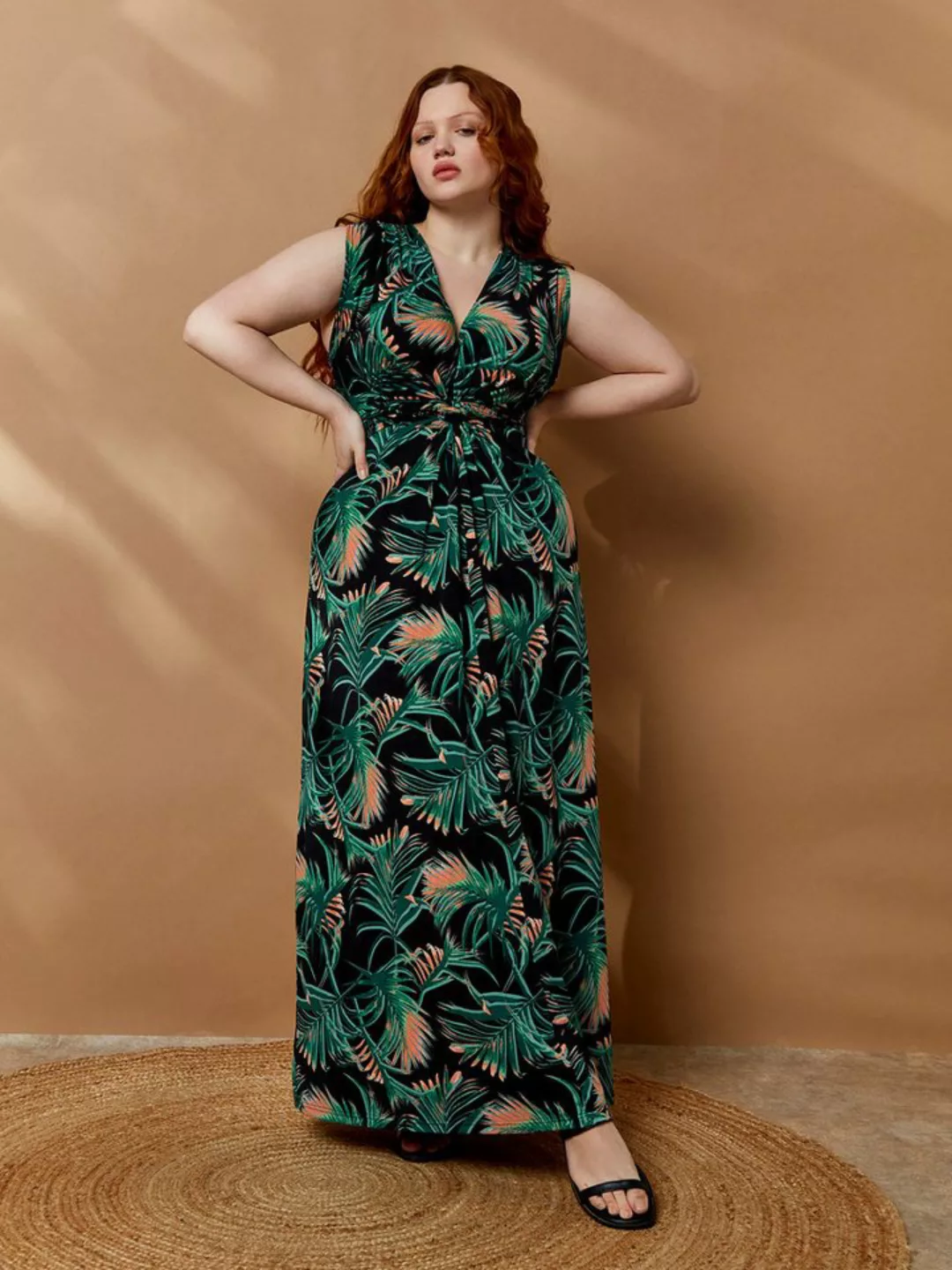 Apricot Sommerkleid mit Palmenmuster, Wickeloptik günstig online kaufen